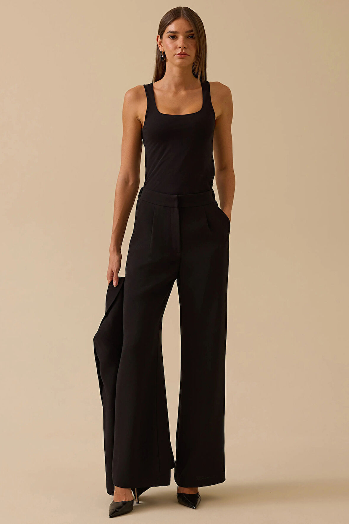 Seçil Kadın Beli Lastikli Tek Pile Geniş Paça Pantolon 0014 Siyah