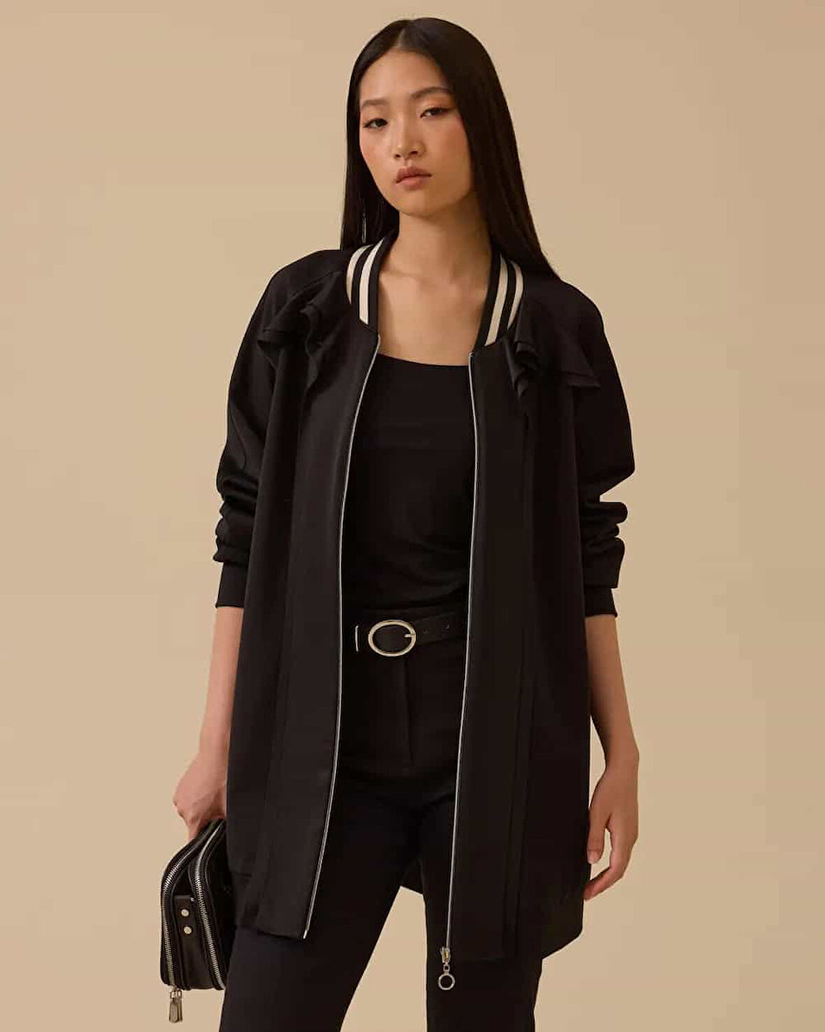 Kadın Fırfır Detaylı Fermuarlı Ceket - Siyah | M