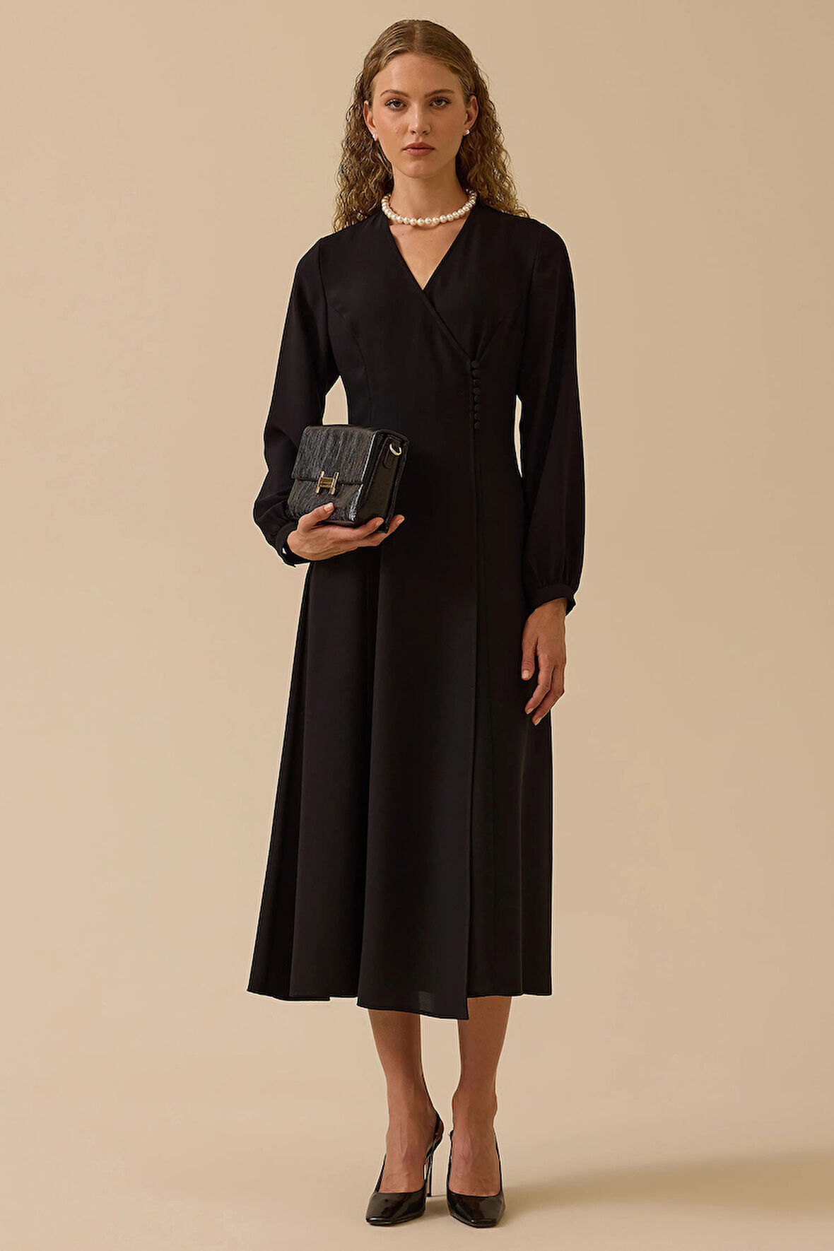 Seçil Kadın Düğme Detaylı Kruvaze Elbise 0005 Siyah