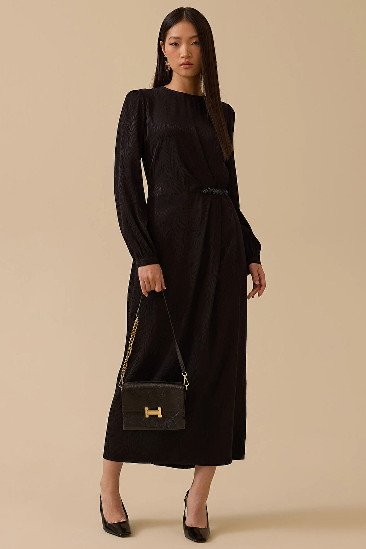 Seçil Kadın Desenli Boncuk Detaylı Saten Elbise 1005 Siyah