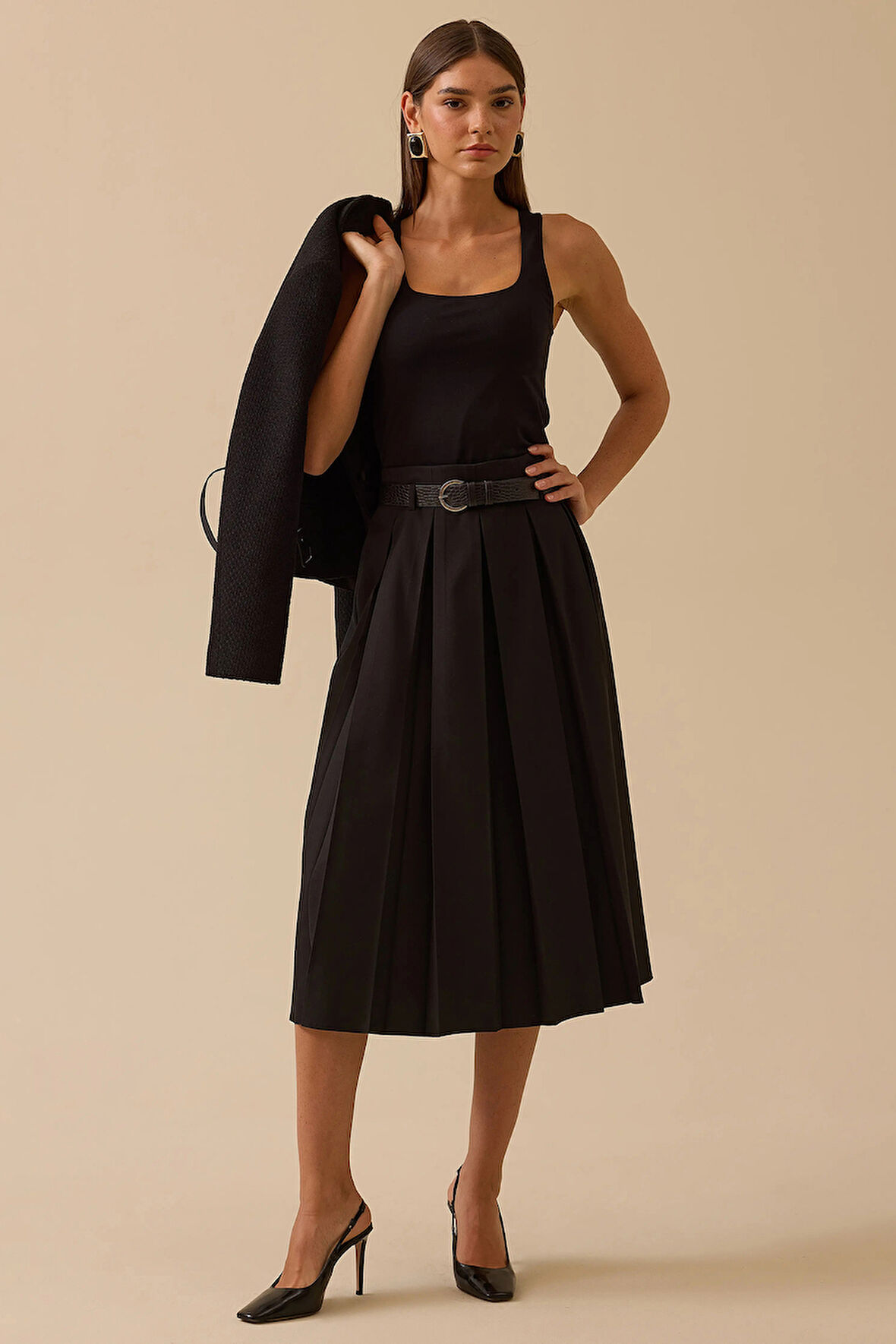 Seçil Kadın Kemerli Pile Detaylı Midi Etek 0003 Siyah