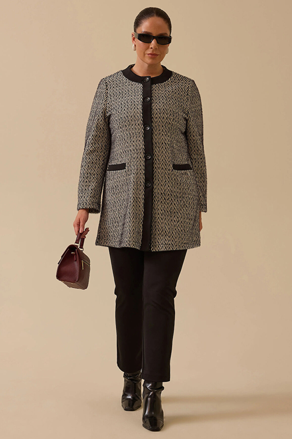 Galaxi Kadın Büyük Beden Desenli Cep Detaylı Triko Ceket 4003 Siyah