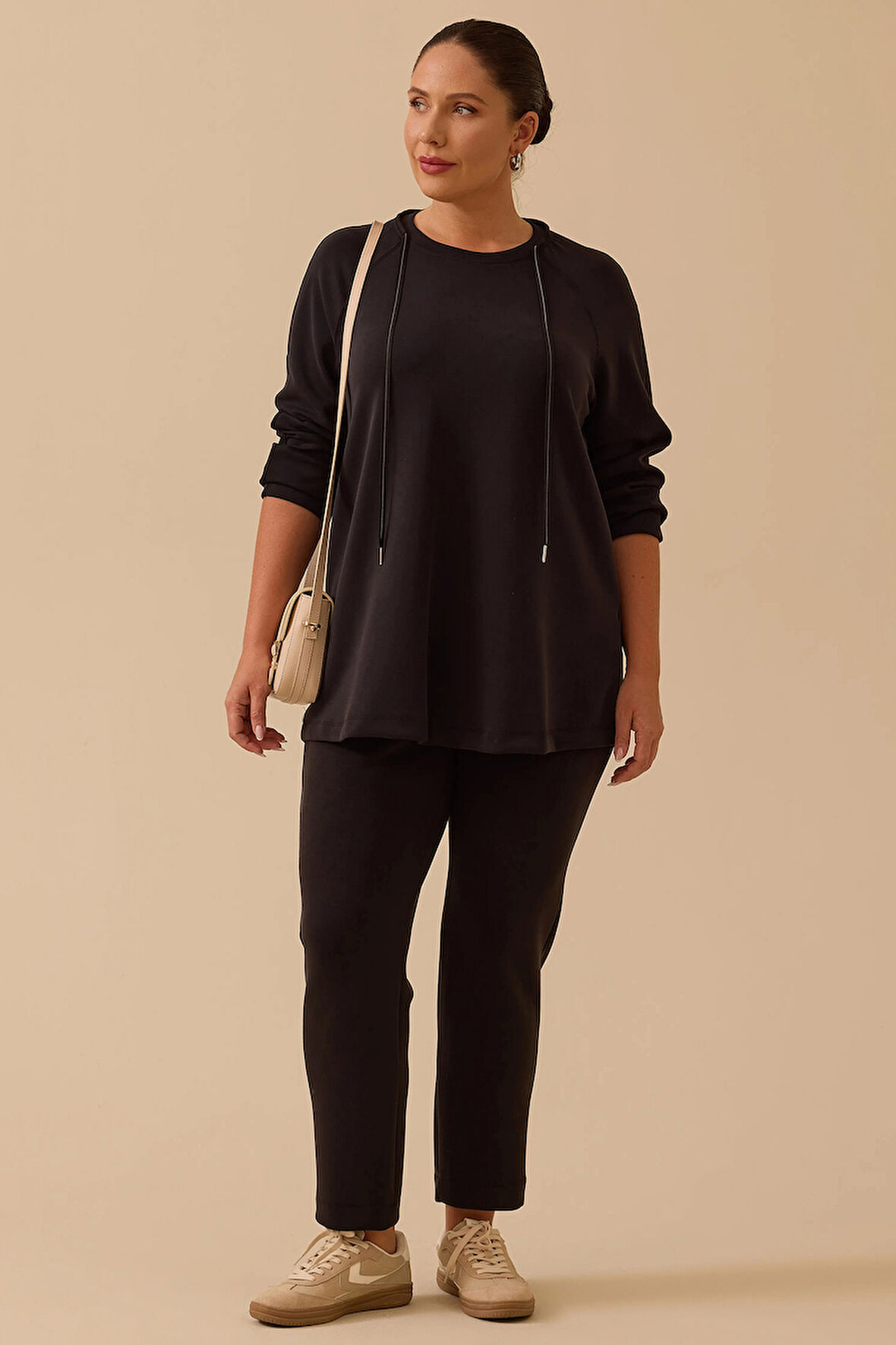 Galaxi Kadın Büyük Beden Bağcıklı Basic Sweatshirt 4002 Siyah