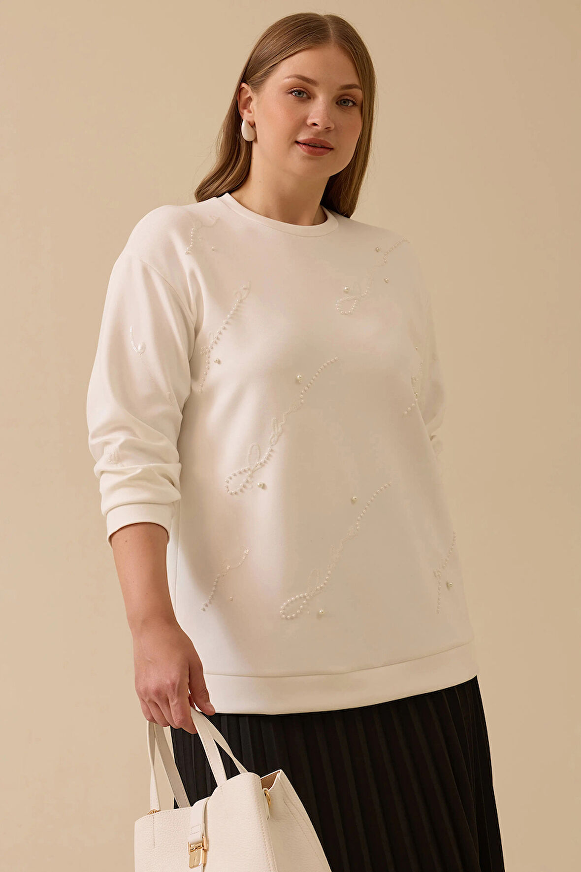Galaxi Kadın Büyük Beden Nakış Detaylı Boncuklu Sweatshirt 4005 Ekru