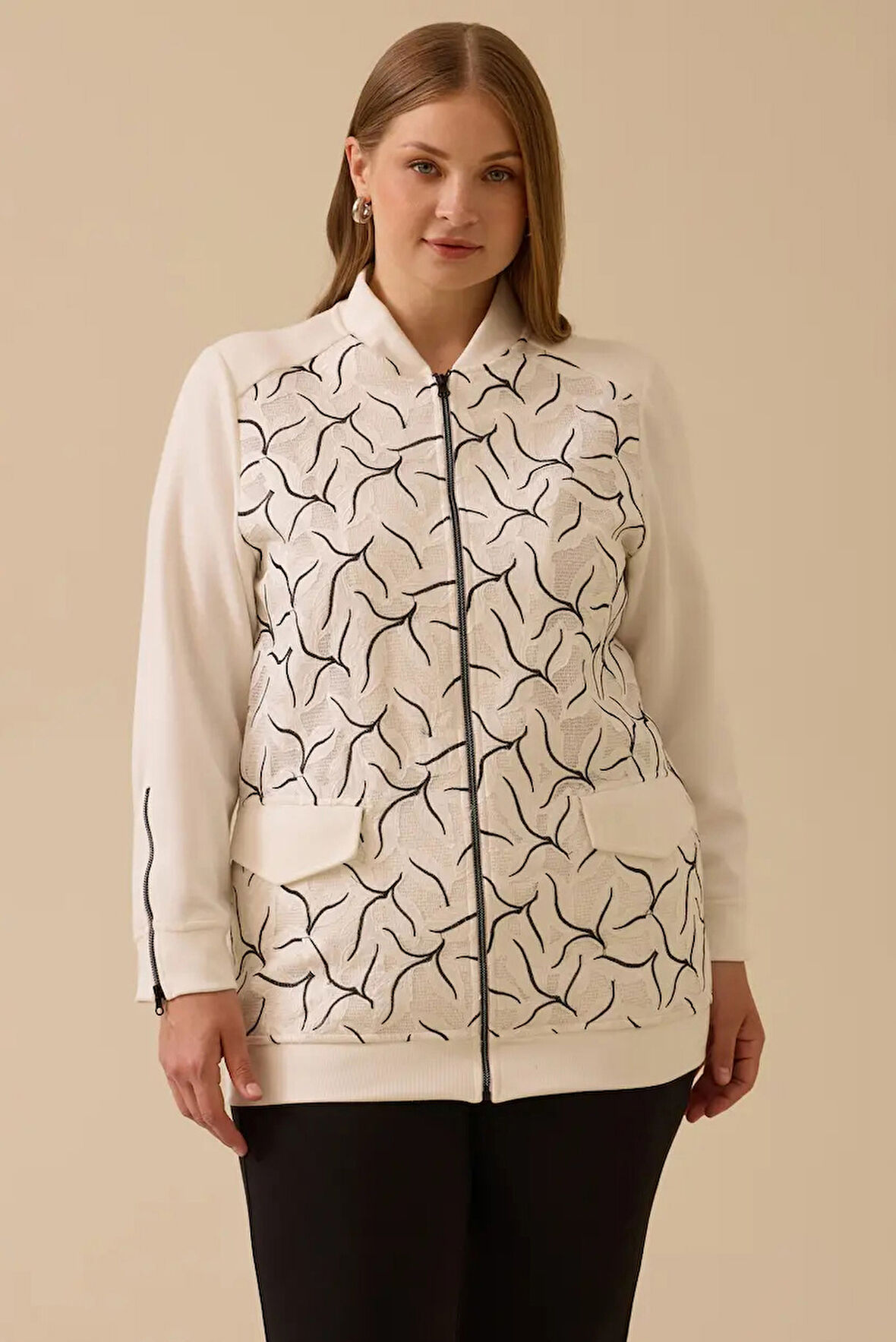 Kadın Büyük Beden Desenli Fermuarlı Kap - Ekru | 50