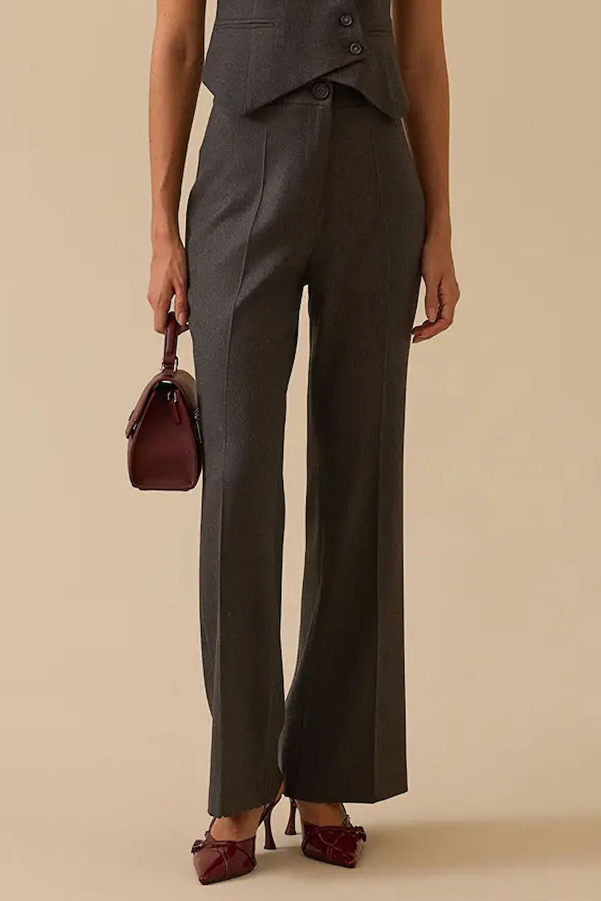 Kadın Yüksek Bel Paça Detaylı Pantolon - Gri | 36