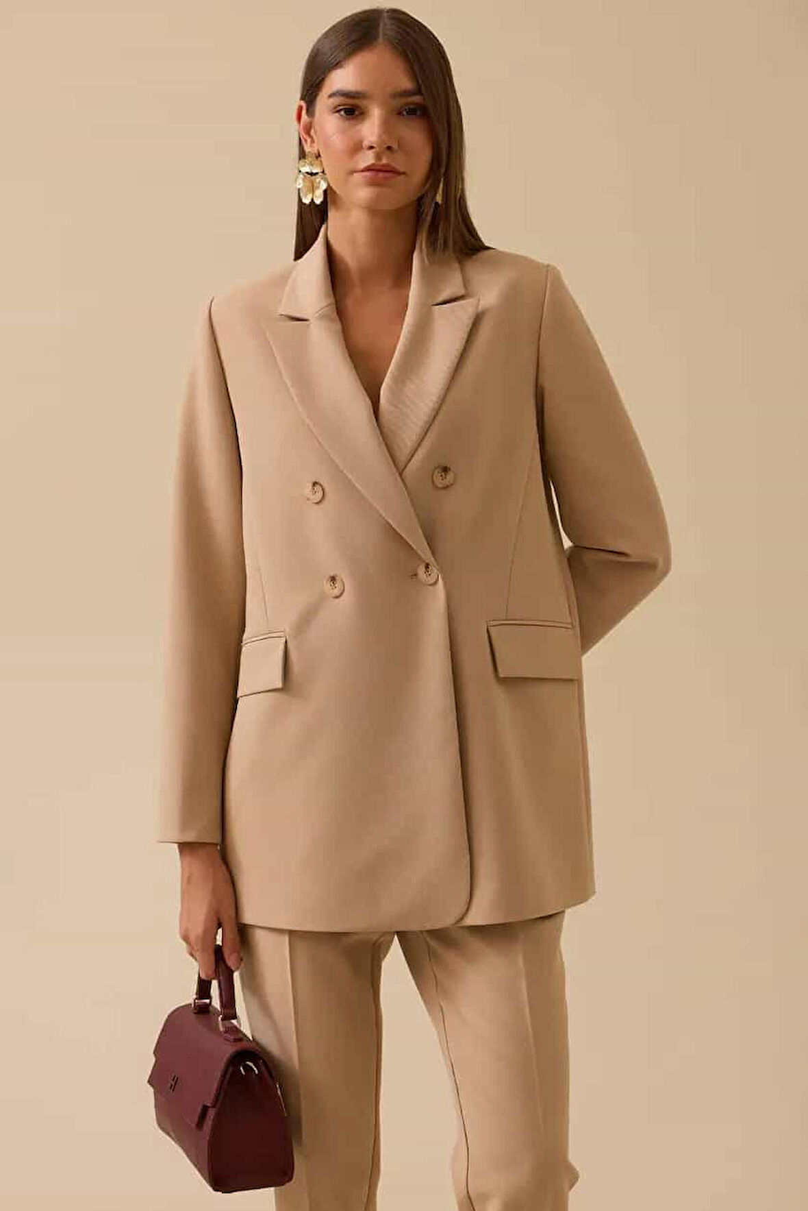 Kadın Düğmeli Kruvaze Klasik Ceket - Bej | 42