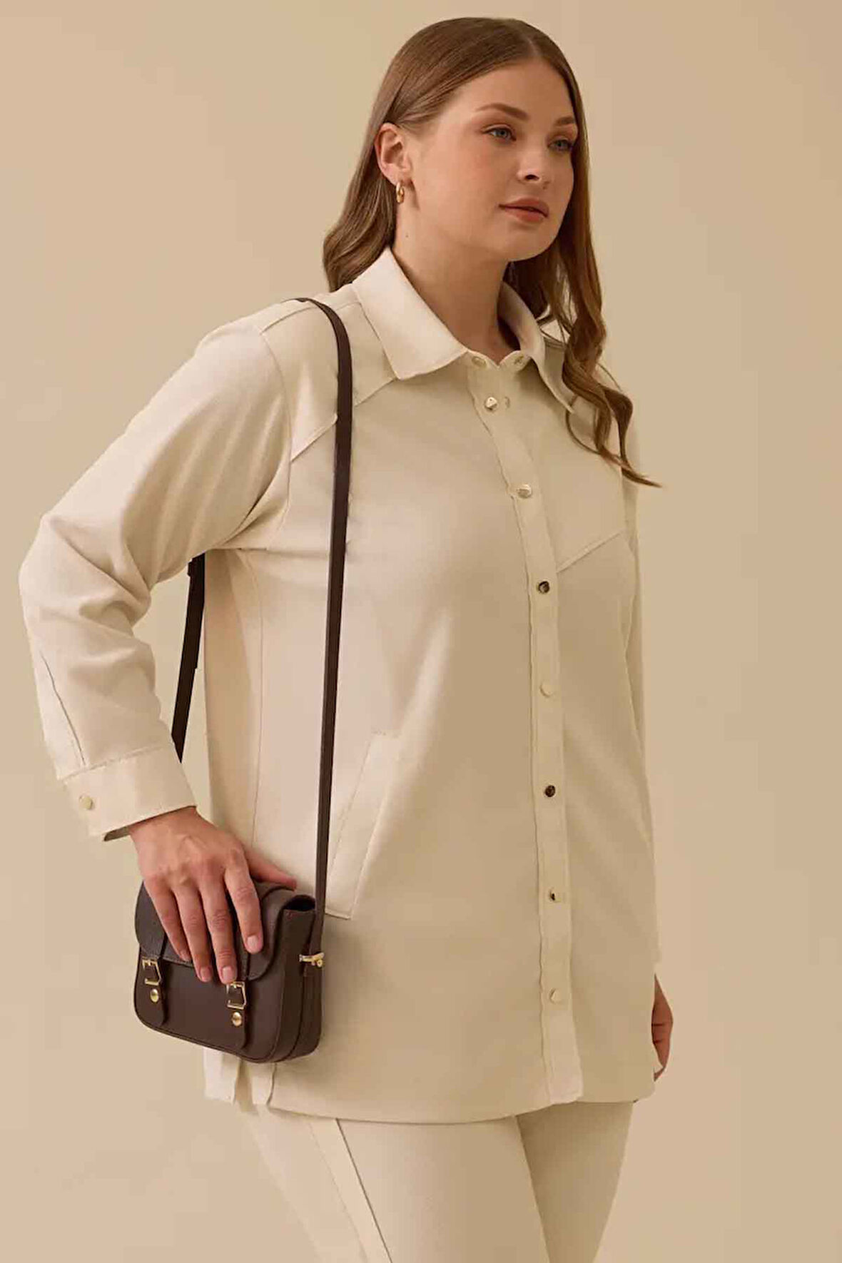 Kadın Büyük Beden Fitilli Cepli Gömlek- Bej | 46