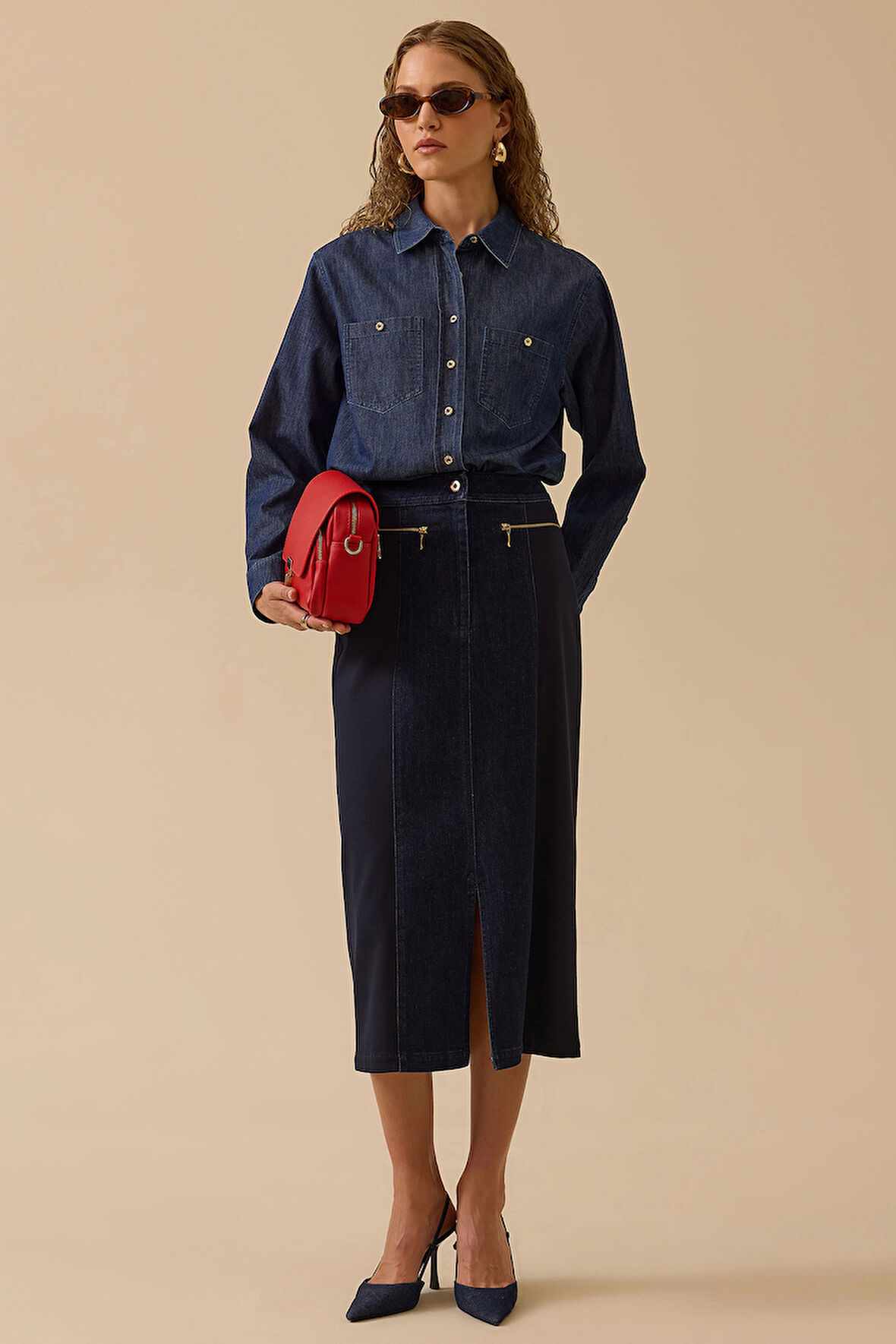 Seçil Kadın Çift Kumaşlı Yırtmaç Detaylı Jean Etek 0001 Lacivert