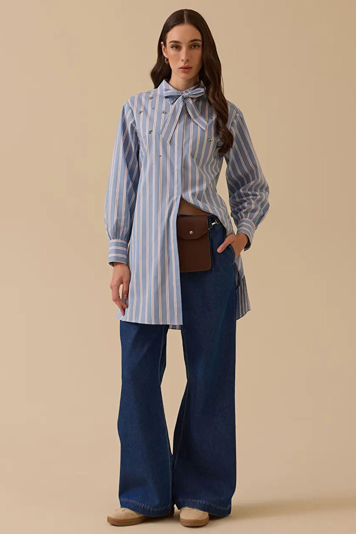 Kadın Yüksek Bel Tek Pile Bol Paça Pantolon - Lacivert | 38