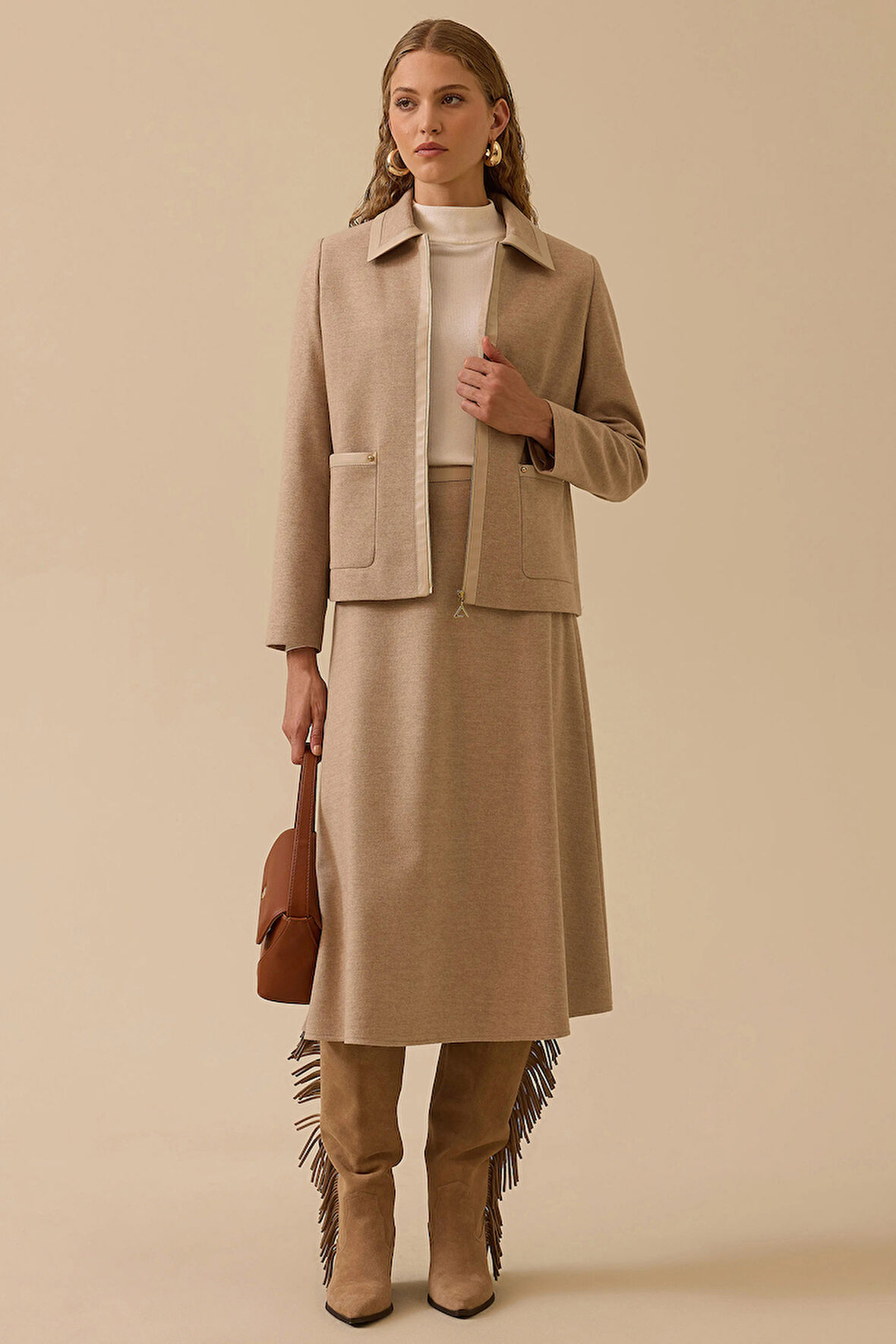 Seçil Kadın Biye Detaylı Cepli Fermuarlı Ceket 0018 Vizon