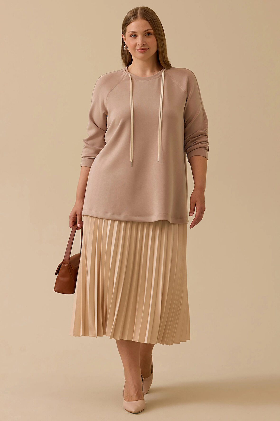 Galaxi Kadın Büyük Beden Bağcıklı Basic Sweatshirt 4002 Camel