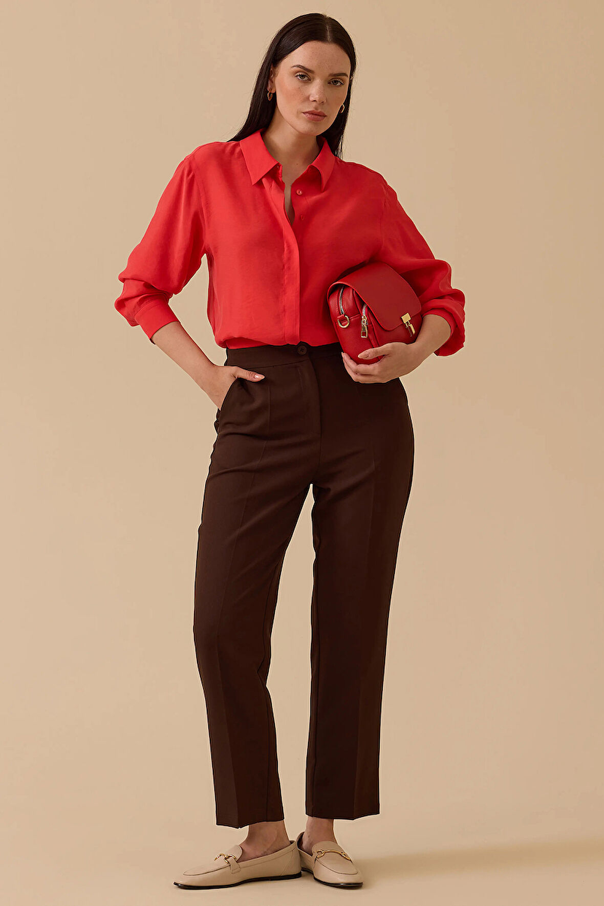 Seçil Kadın Beli Lastikli Bilek Boy Pantolon 0015 Kahverengi