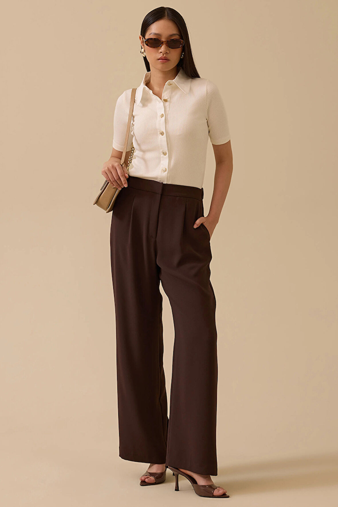 Seçil Kadın Pile Detaylı Bol Paça Pantolon 1014 Kahverengi