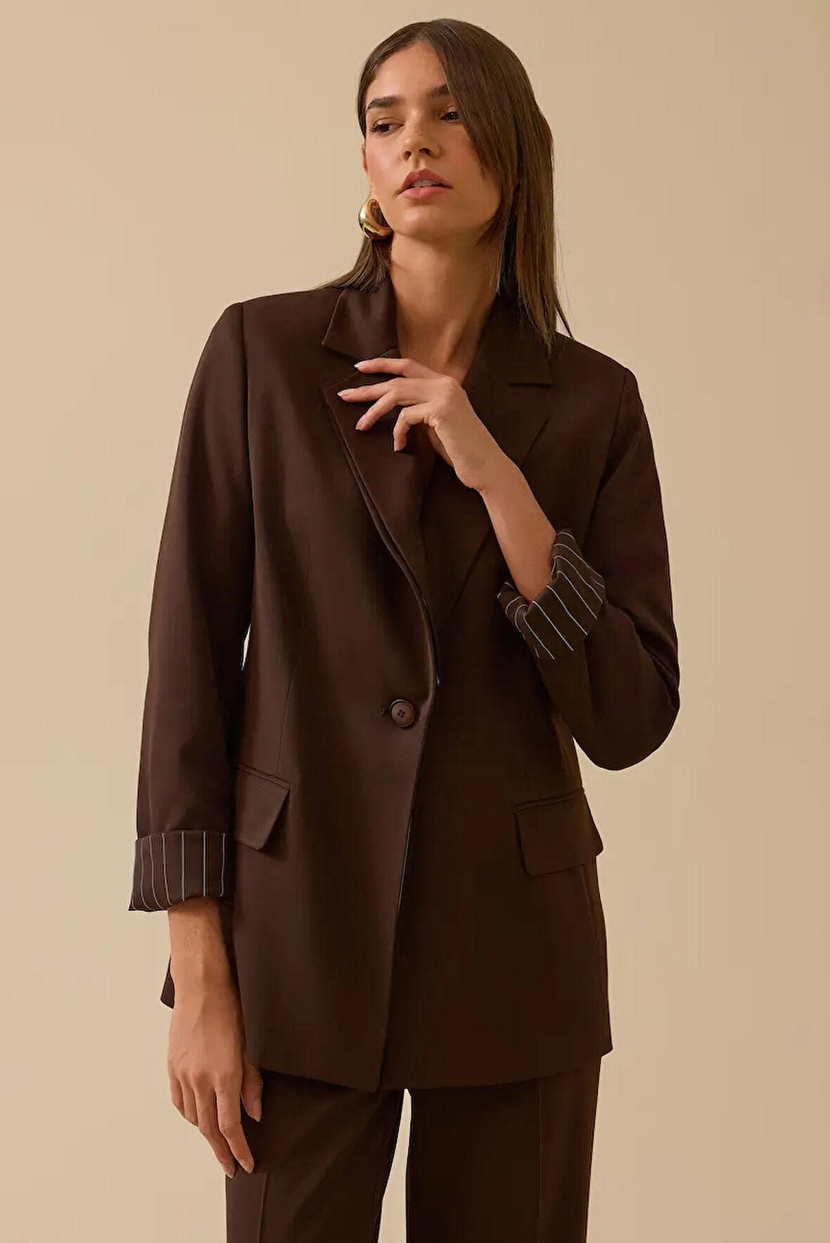 Kadın Çizgi Detaylı Tek Düğmeli Ceket - Kahverengi | 44