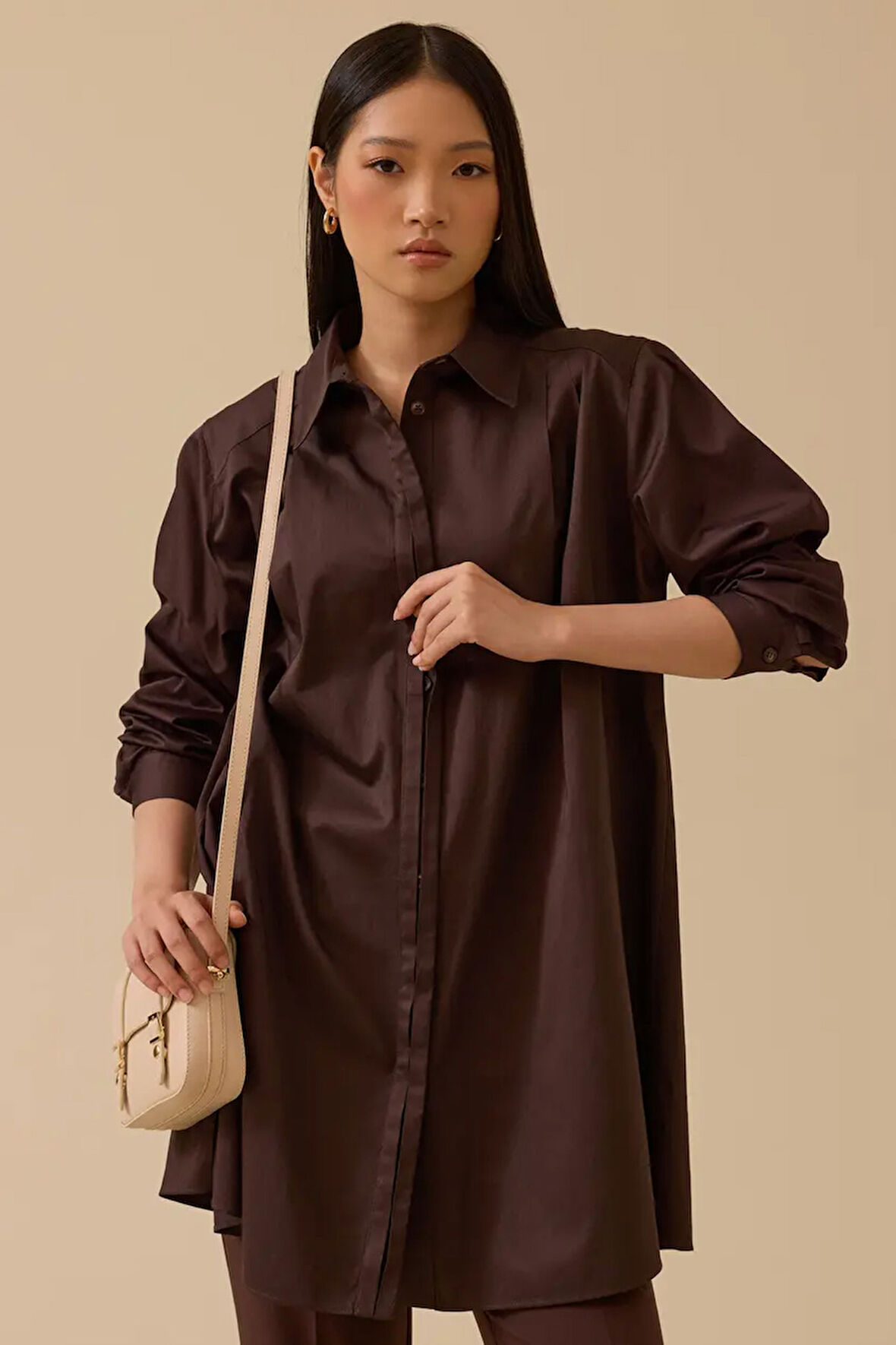 Kadın Omuz Pileli Oversize Tunik - Kahverengi  | 36