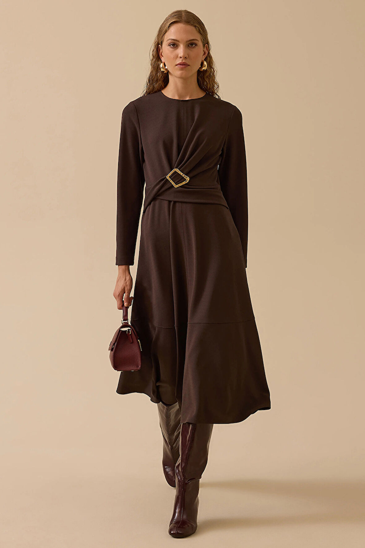 Seçil Kadın Tokalı Bel Detaylı Midi Elbise 0009 Kahverengi