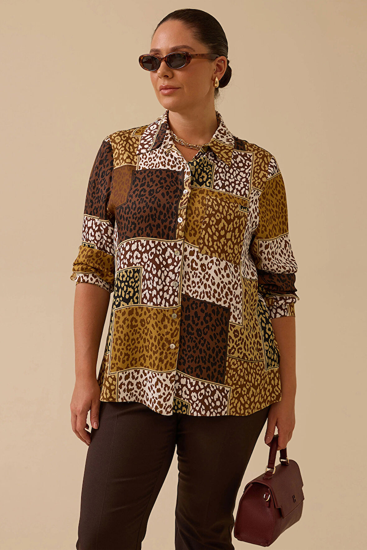 Galaxi Kadın Büyük Beden Desenli Gömlek 4016 Kahverengi