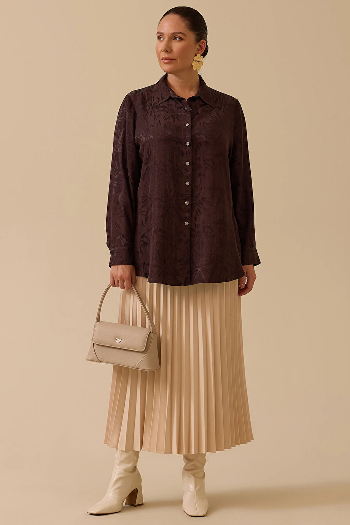 Galaxi Kadın Büyük Beden Çiçek Desenli Jakar Gömlek 4018 Kahverengi