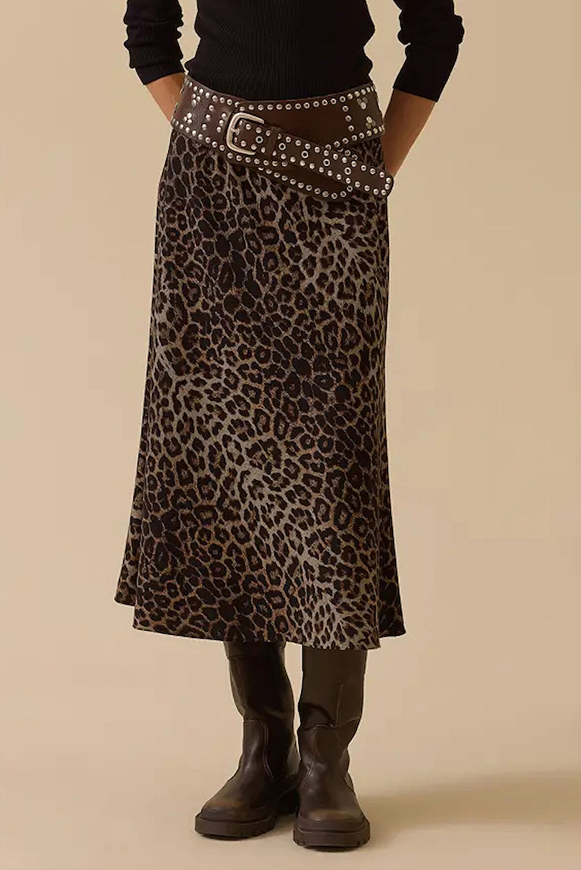 Kadın Leopar Desenli Düz Kesim Midi Etek - Kahverengi | 42