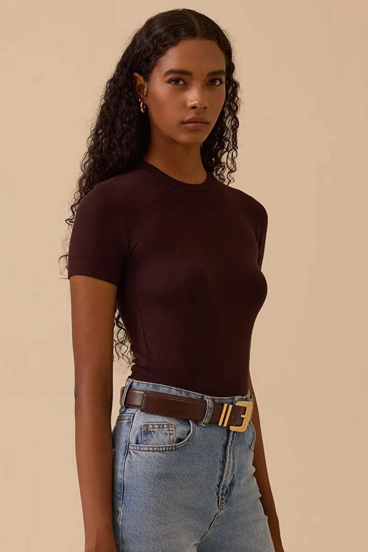 Kadın Yuvarlak Yaka Kısa Kollu Basic T-Shirt - Kahverengi | M