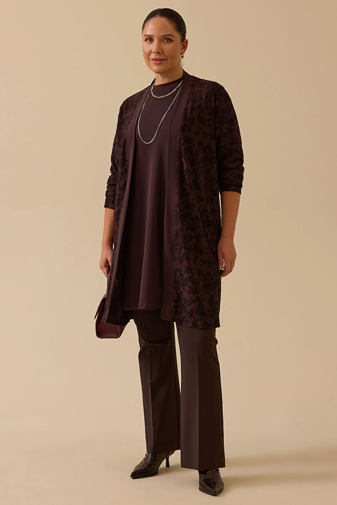 Galaxi Kadın Büyük Beden Desenli İç Bluzlu Takım 4003 Kahverengi