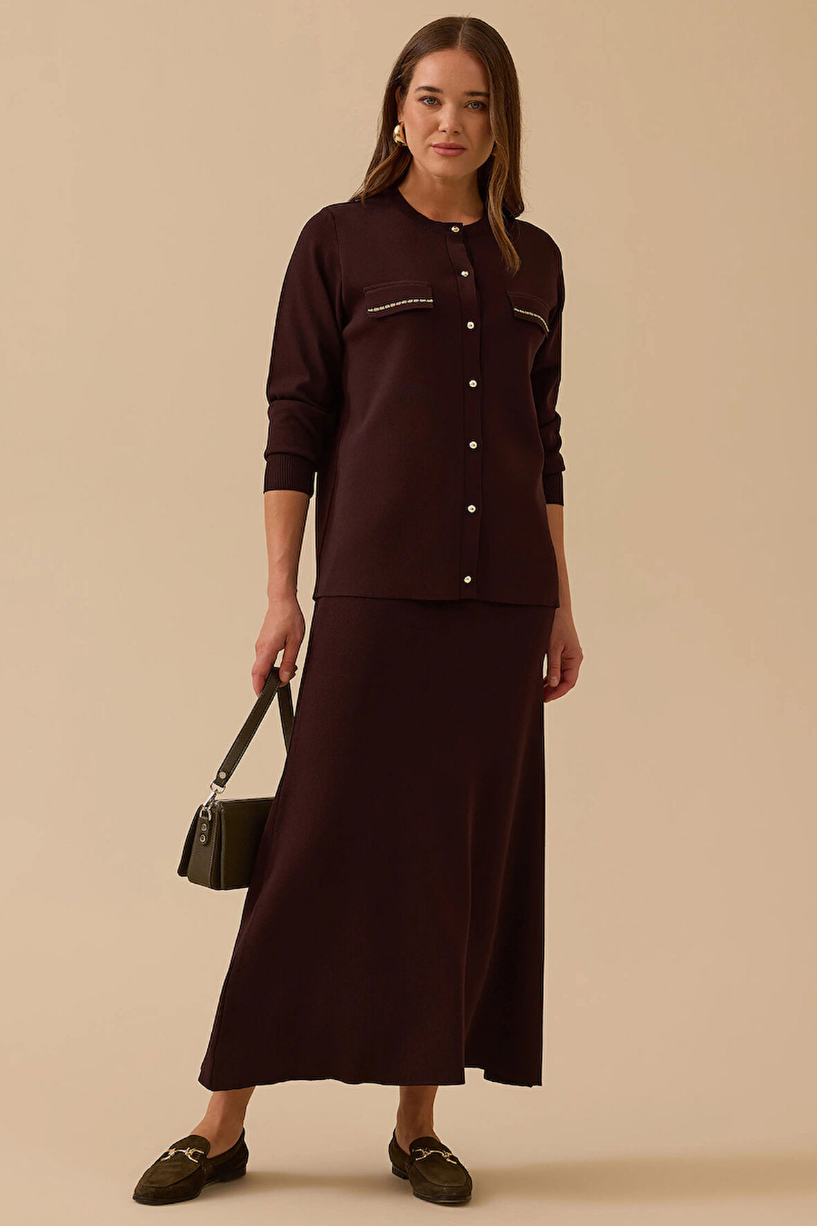 Seçil Kadın Yuvarlak Yaka Düğmeli Triko Hırka 1012 Kahverengi