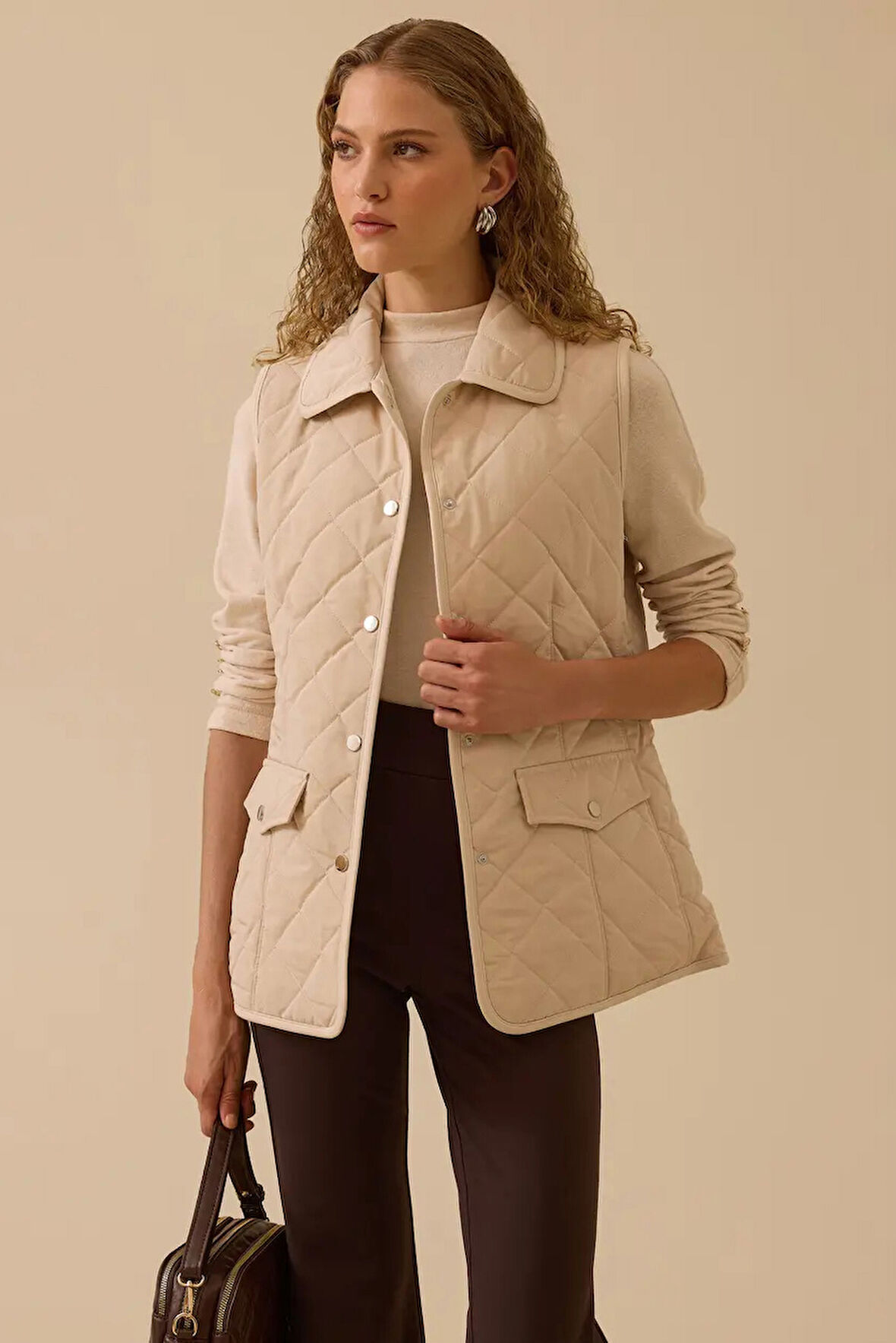 Kadın Gömlek Yaka Kapitone Anorak Yelek - Bej | 44