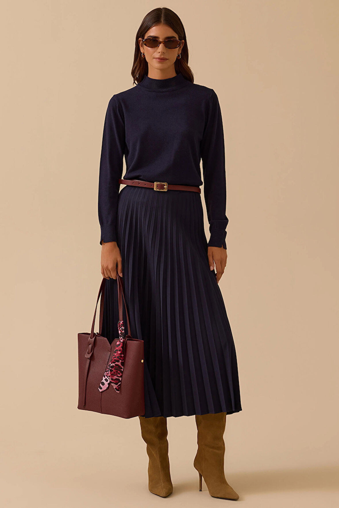 Seçil Kadın Esnek Bel Pliseli Basic Etek 1019 Lacivert