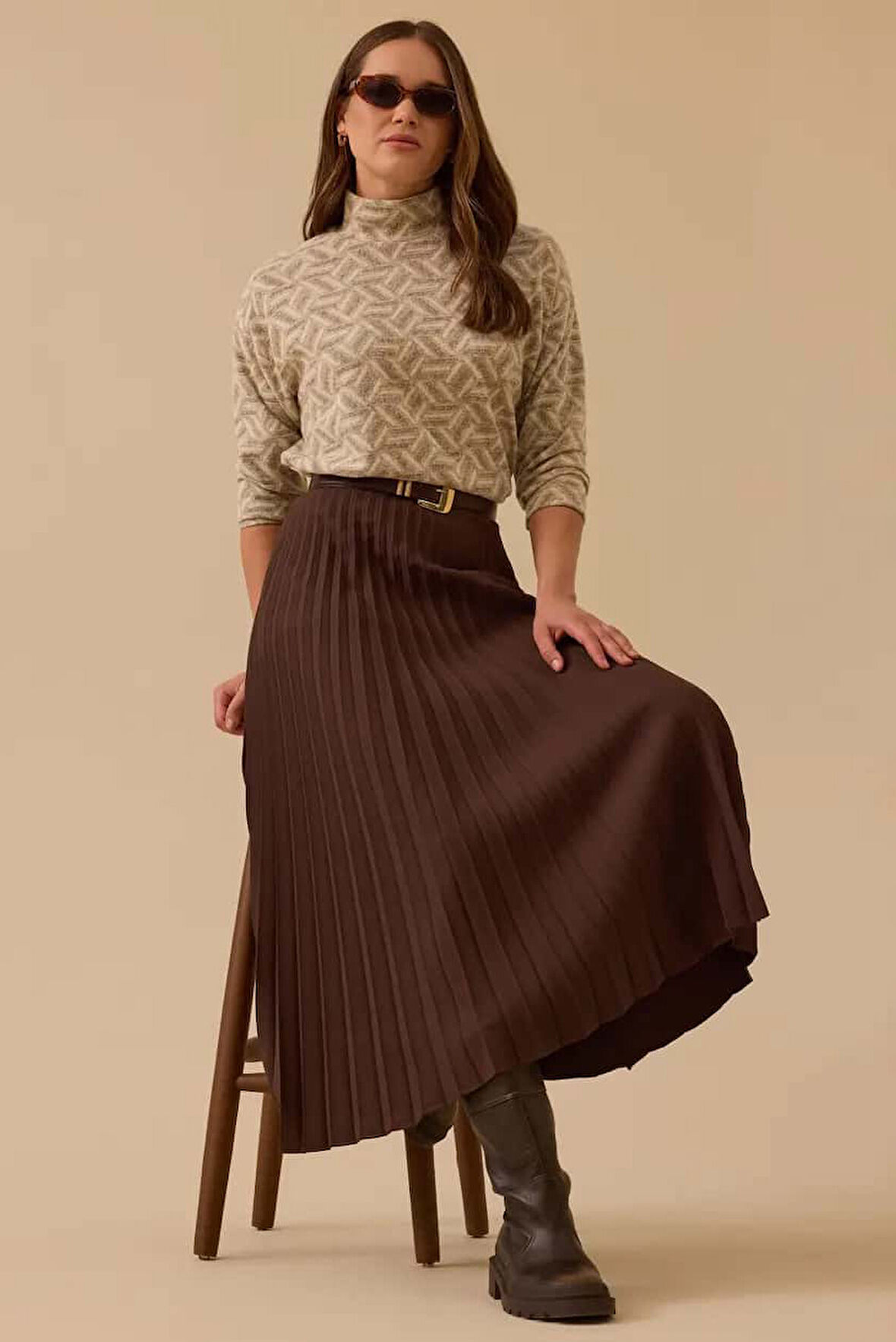 Kadın Esnek Bel Pliseli Basic Etek - Kahverengi | 42
