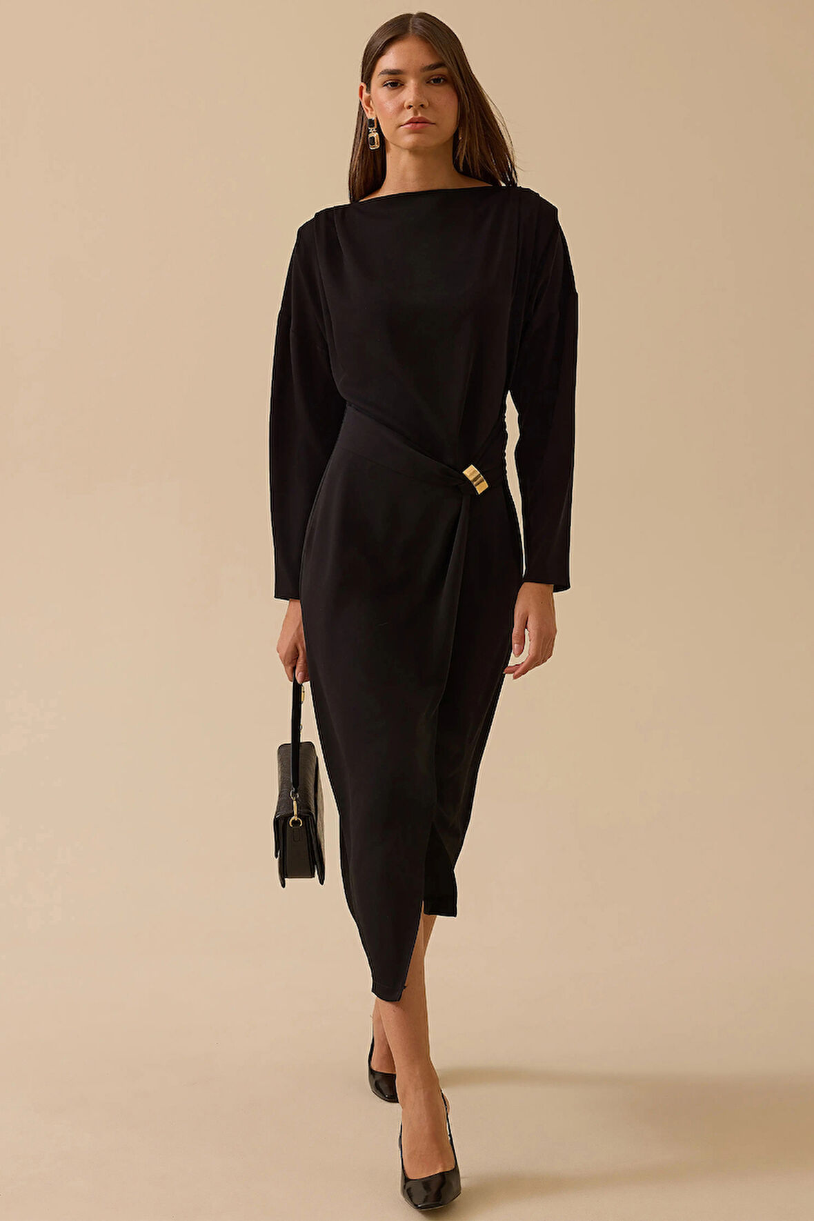 Seçil Kadın Metal Tokalı Midi Elbise 0010 Siyah