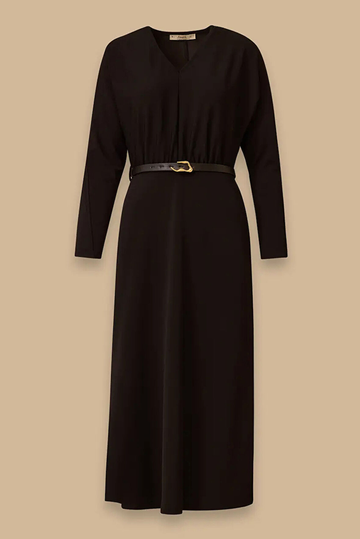 Kadın V Yaka Yarasa Kol Kemerli Elbise - Siyah | 40