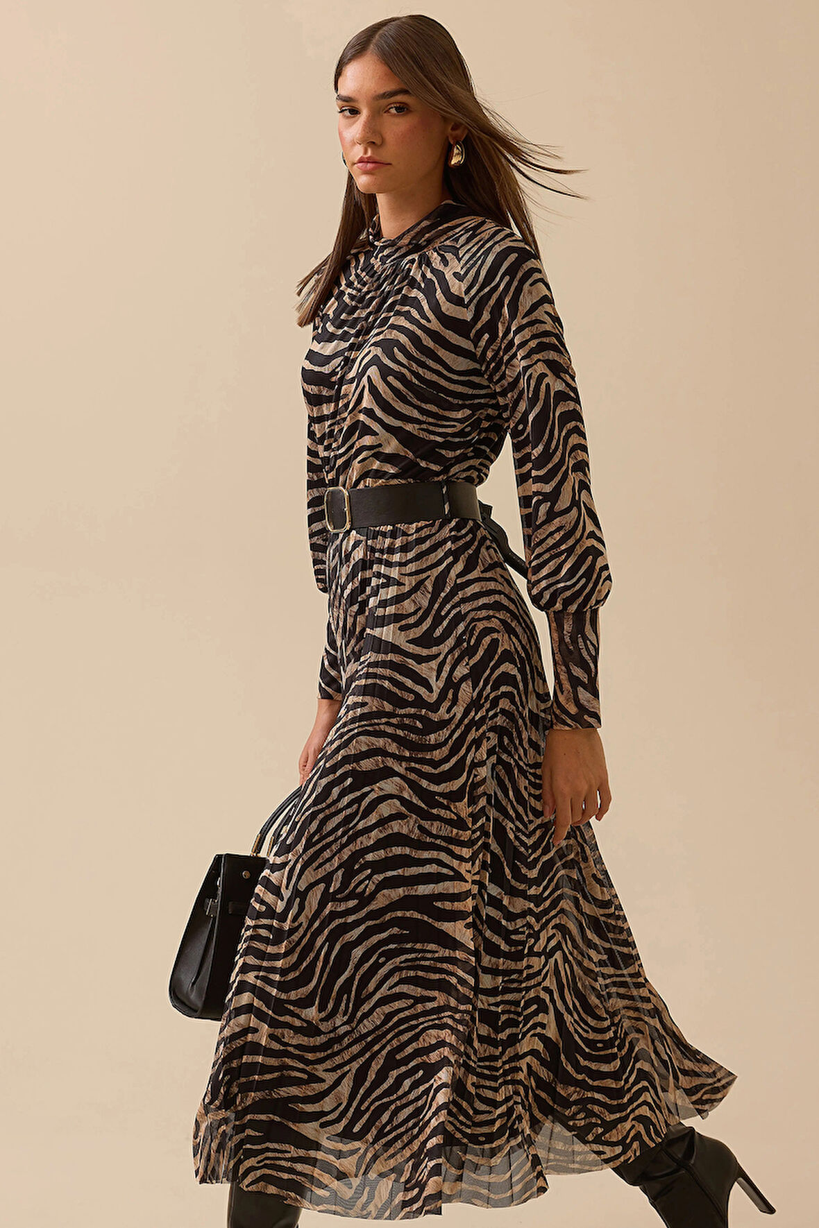 Seçil Kadın Zebra Desenli Kemerli Elbise 0016 Siyah