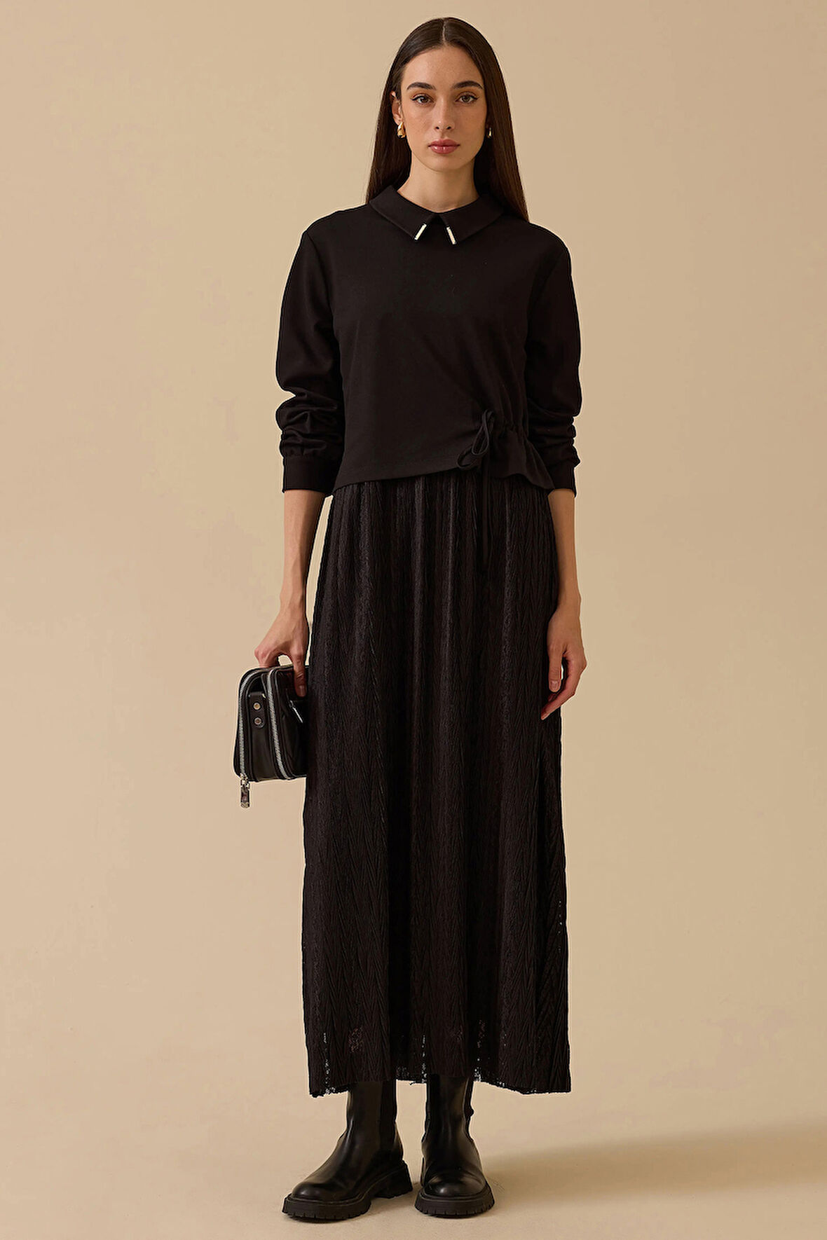 Kadın Bel Bağcıklı Çift Kumaşlı Elbise - Siyah | S