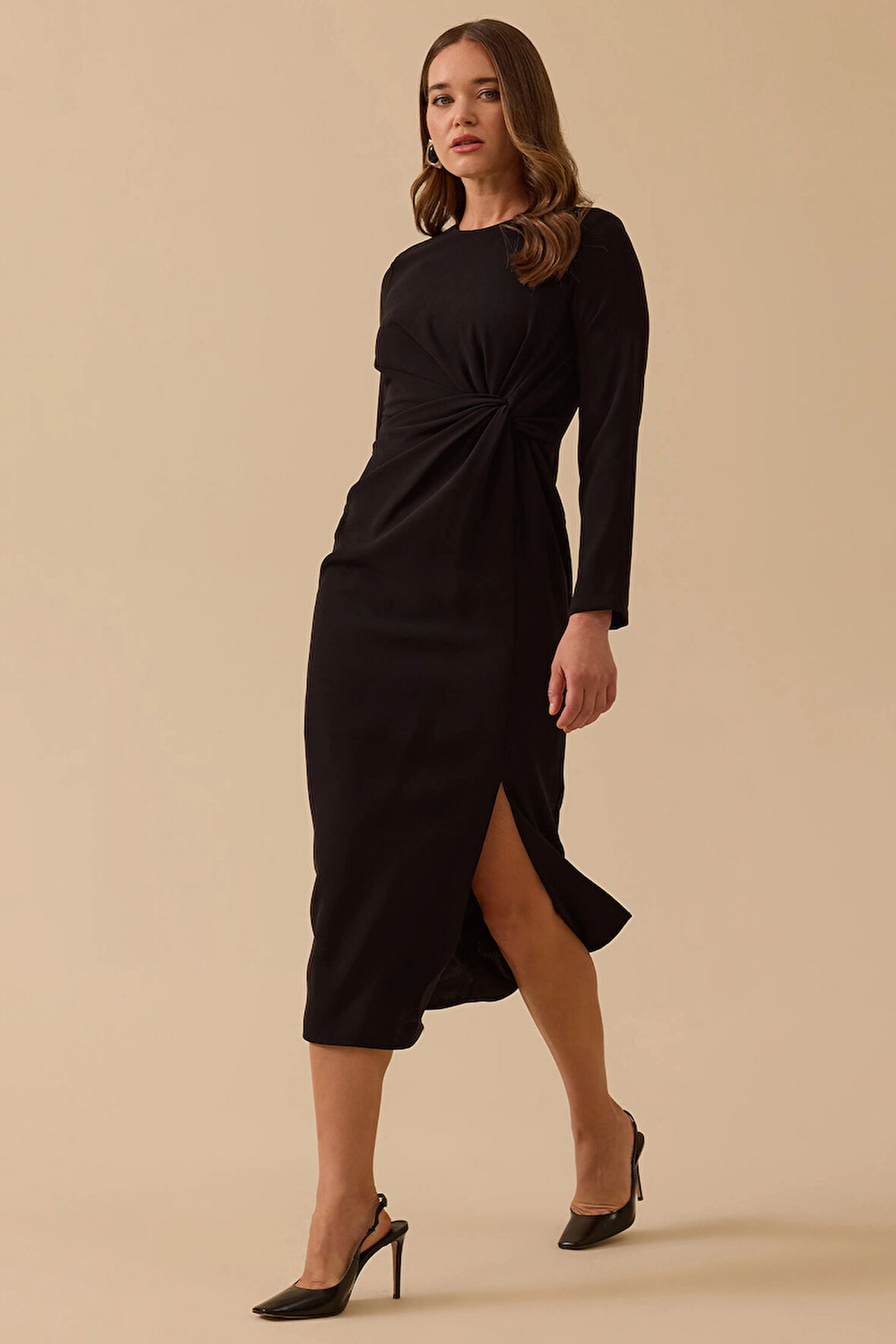 Seçil Kadın Drapeli Midi Boy Şık Krep Elbise 8002 Siyah