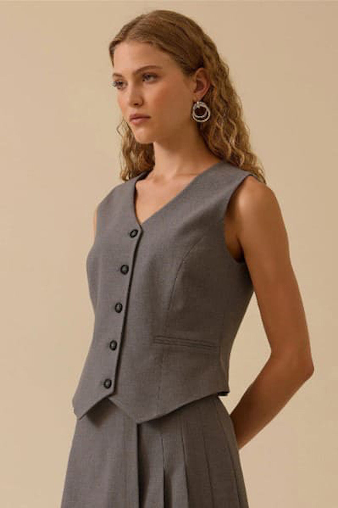 Kadın V Yaka Düğmeli Klasik Yelek - Gri | 38
