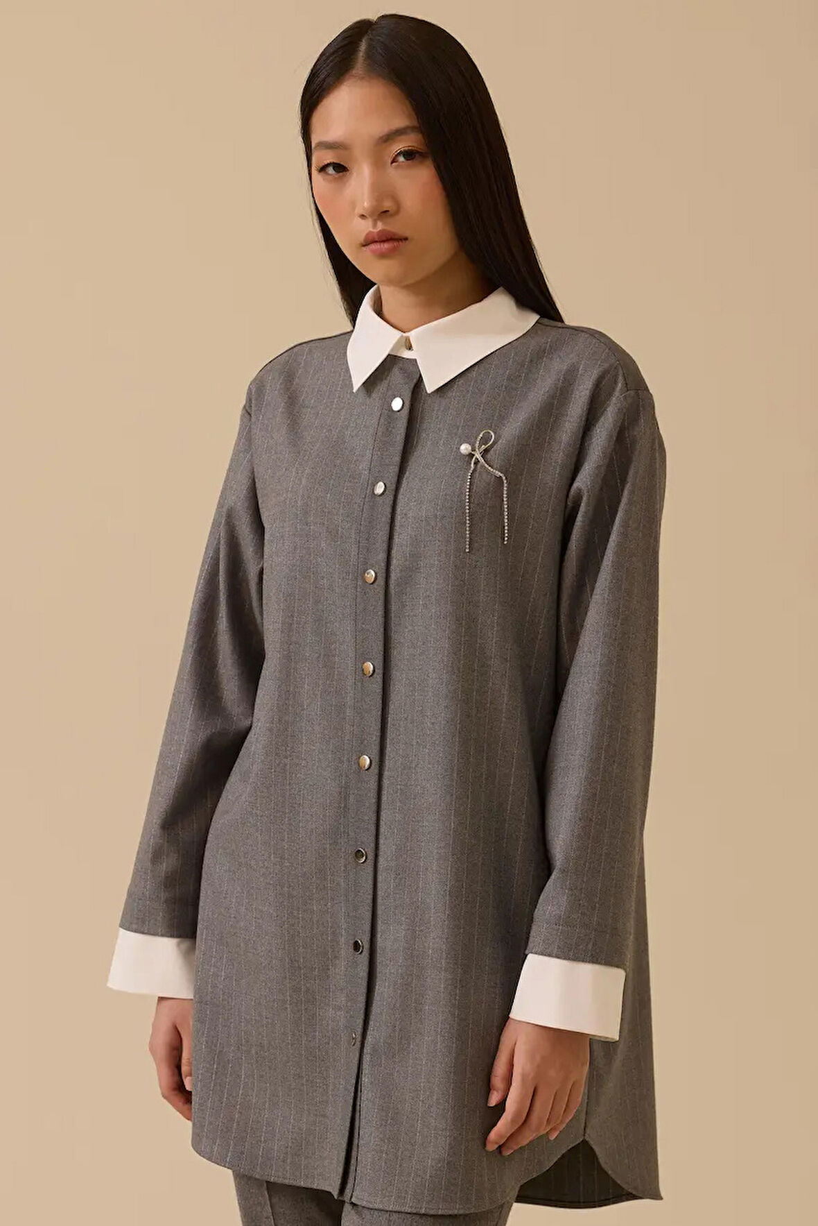 Kadın Aksesuar Detaylı Çizgili Tunik - Gri | 40