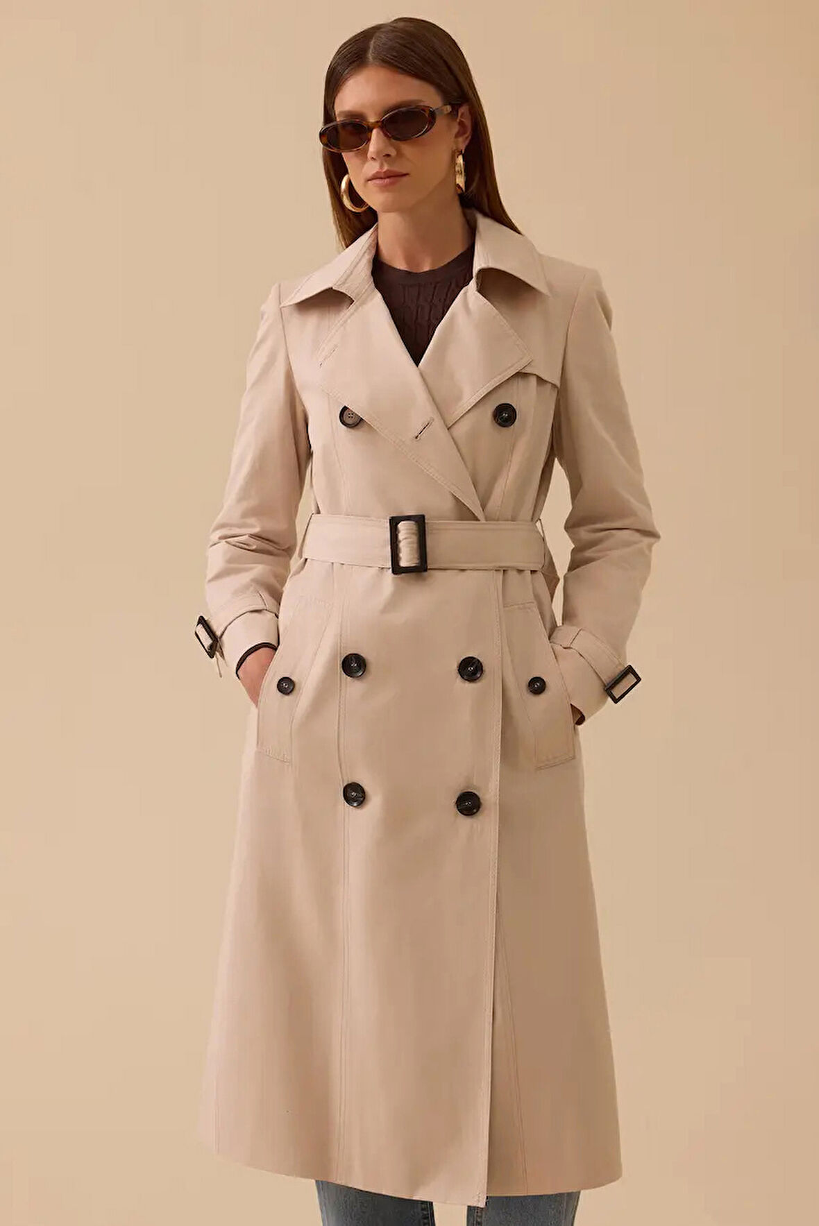 Kadın Kemerli Uzun Klasik Trençkot - Bej | 42