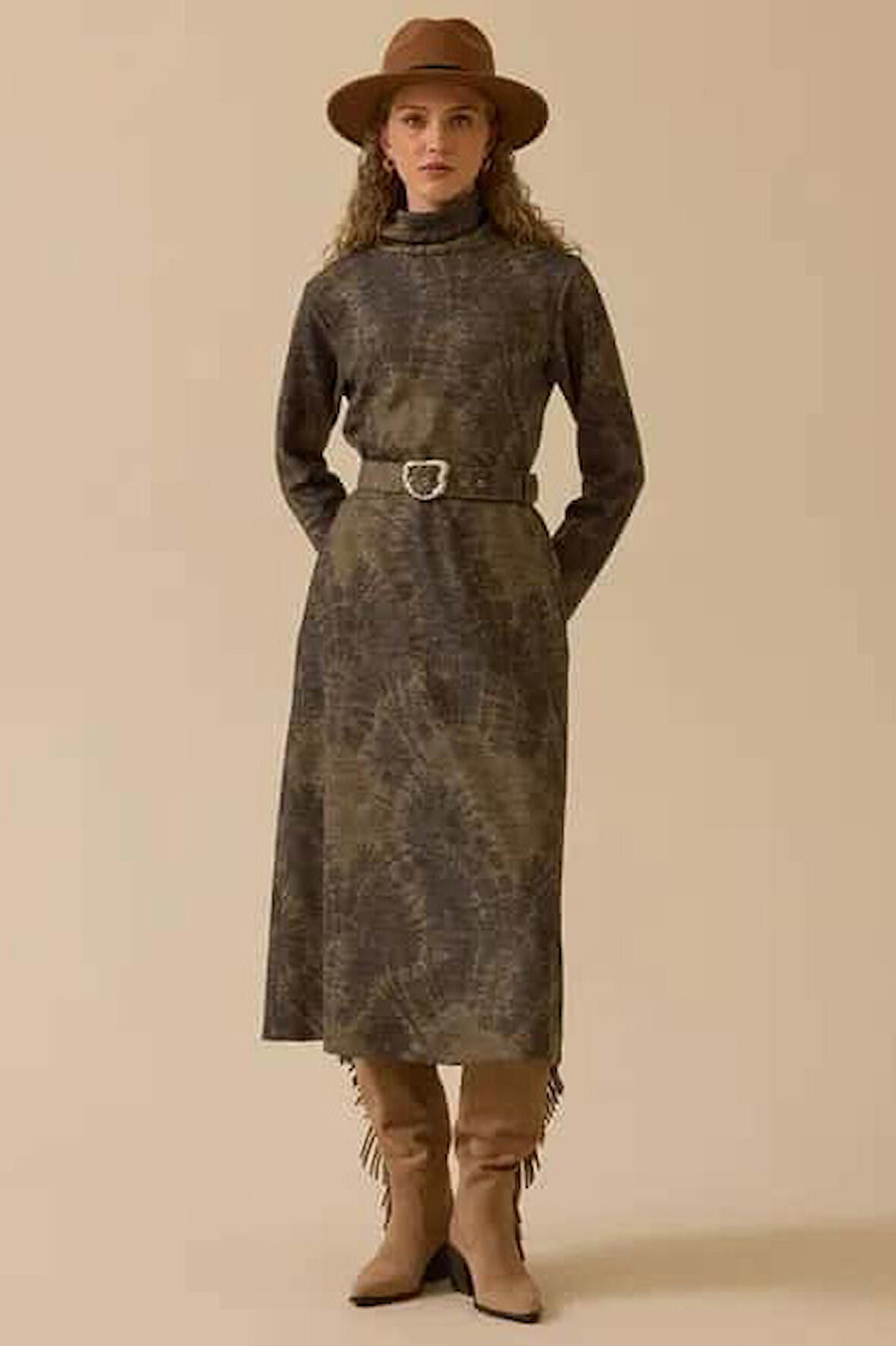 Kadın Kemerli Desenli Midi Elbise - Haki | XL