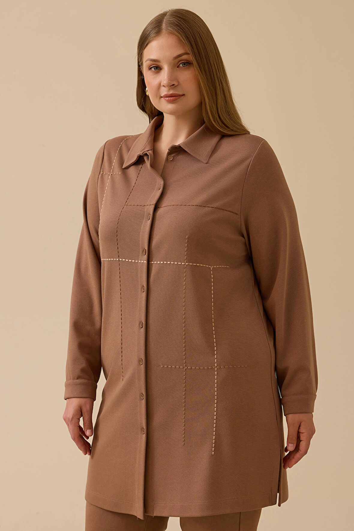 Galaxi Kadın Büyük Beden Dikiş Desenli Tunik 4013 Camel