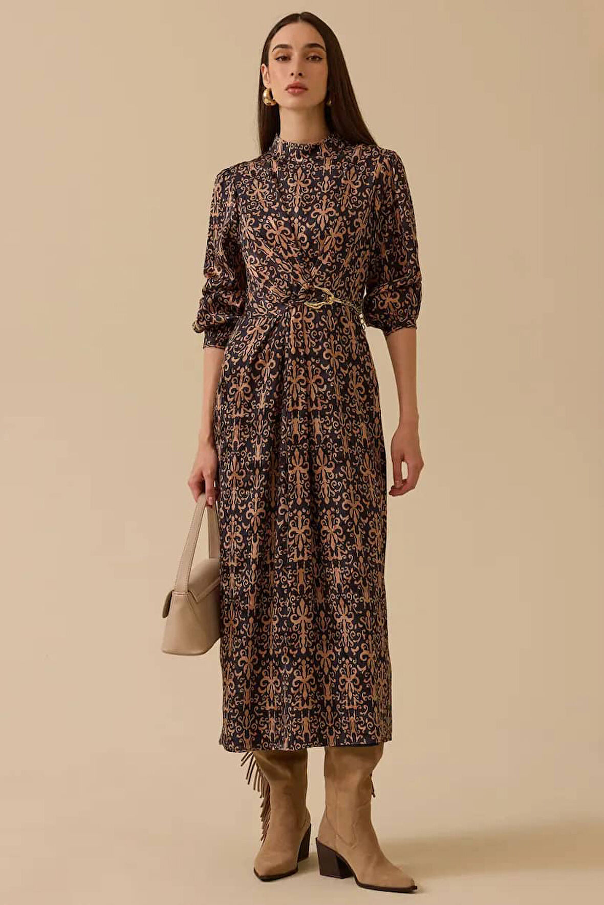 Kadın Desenli Zincir Detaylı Jakar Elbise - Camel | 44