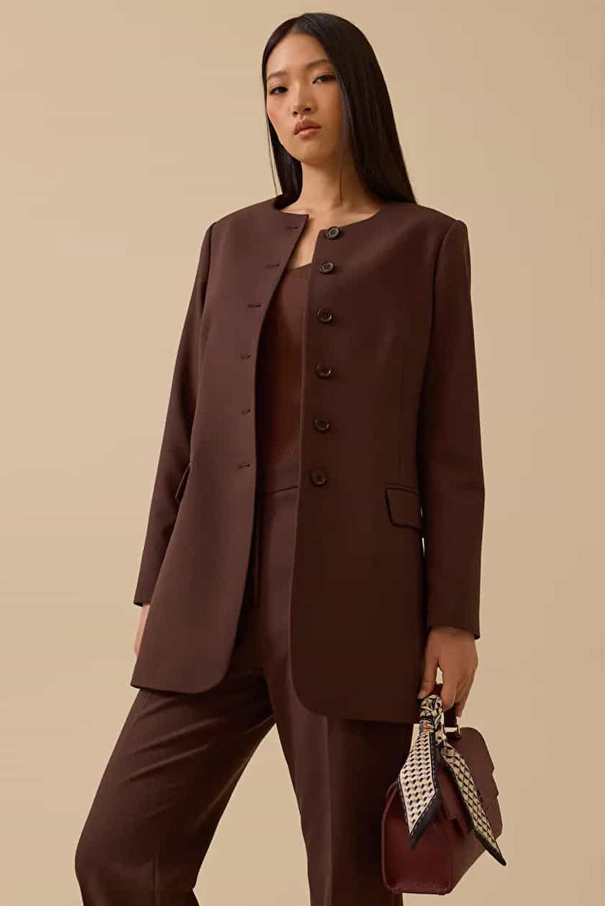 Kadın Yuvarlak Yaka Düğmeli Uzun Ceket - Kahverengi | 38