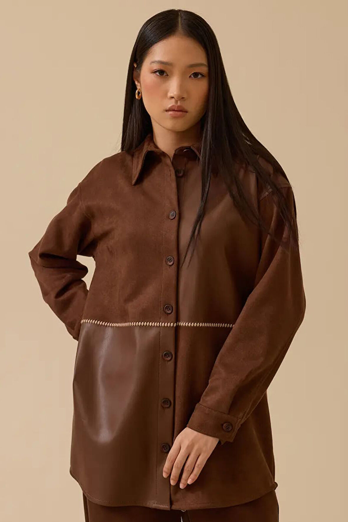 Kadın Suni Deri Detaylı Süet Gömlek - Kahverengi | 40