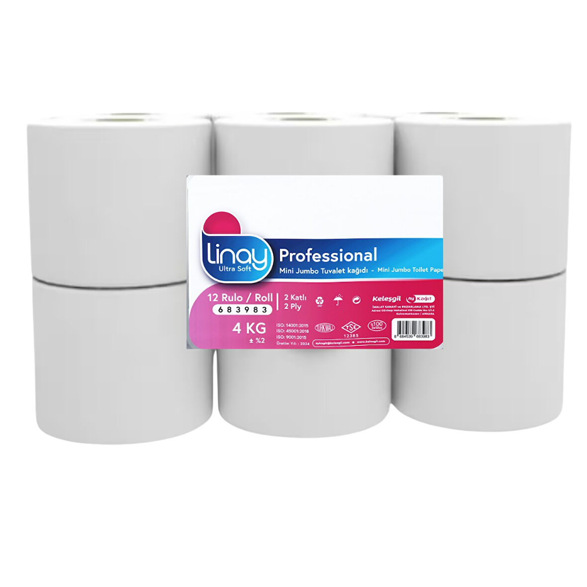 Linay Mini Jumbo Tuvalet Kağıdı – 12 Rulo, 4 kg, 2 Katlı, 9.8 cm x 95 m, %100 Selüloz