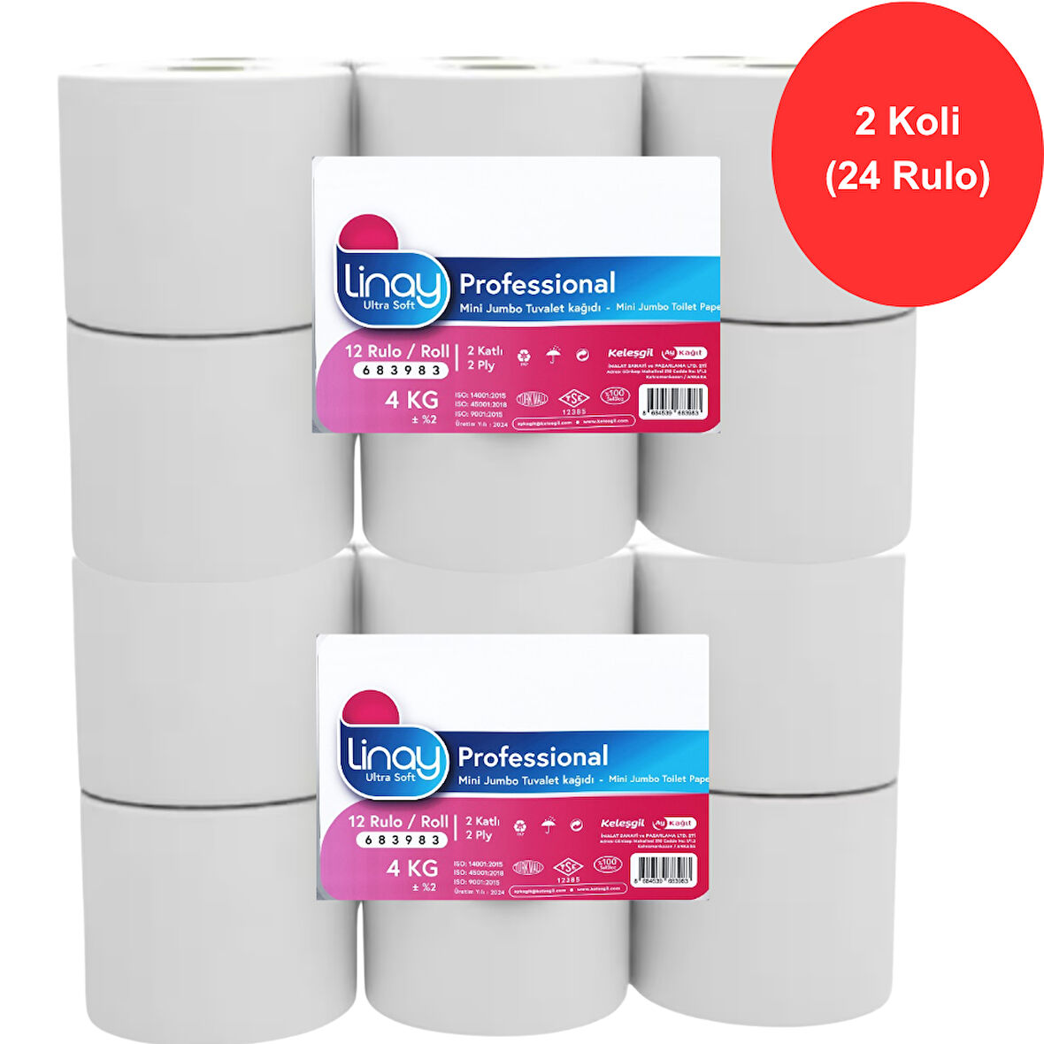Linay Mini Jumbo Tuvalet Kağıdı 12 Rulo x 2 Koli Toplam 24 Rulo, 2 Katlı, 9.8 cm x 95 m,%100 Selüloz