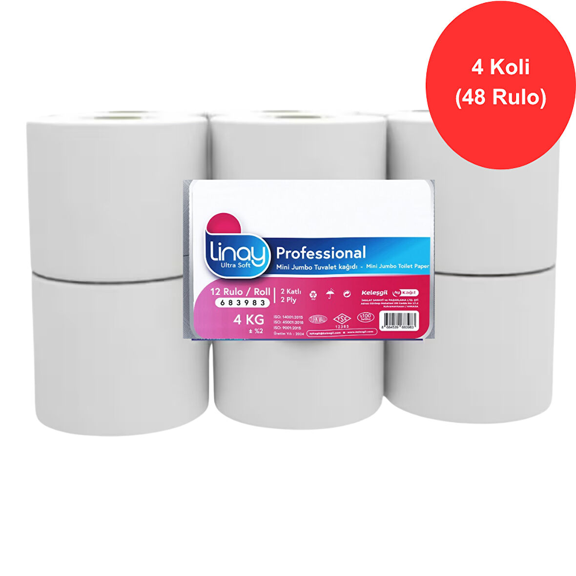 Linay Mini Jumbo Tuvalet Kağıdı 12 Rulo x 4 Koli Toplam 48 Rulo, 2 Katlı, 9.8 cm x 95 m,%100 Selüloz