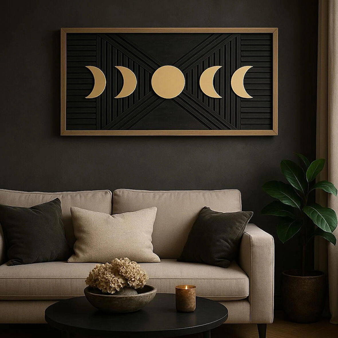 Ay Döngüsü Dekoratif Duvar Tablosu – Ahşap Çerçeveli, Modern Minimal Tasarım, Salon & Ofis Uyumlu