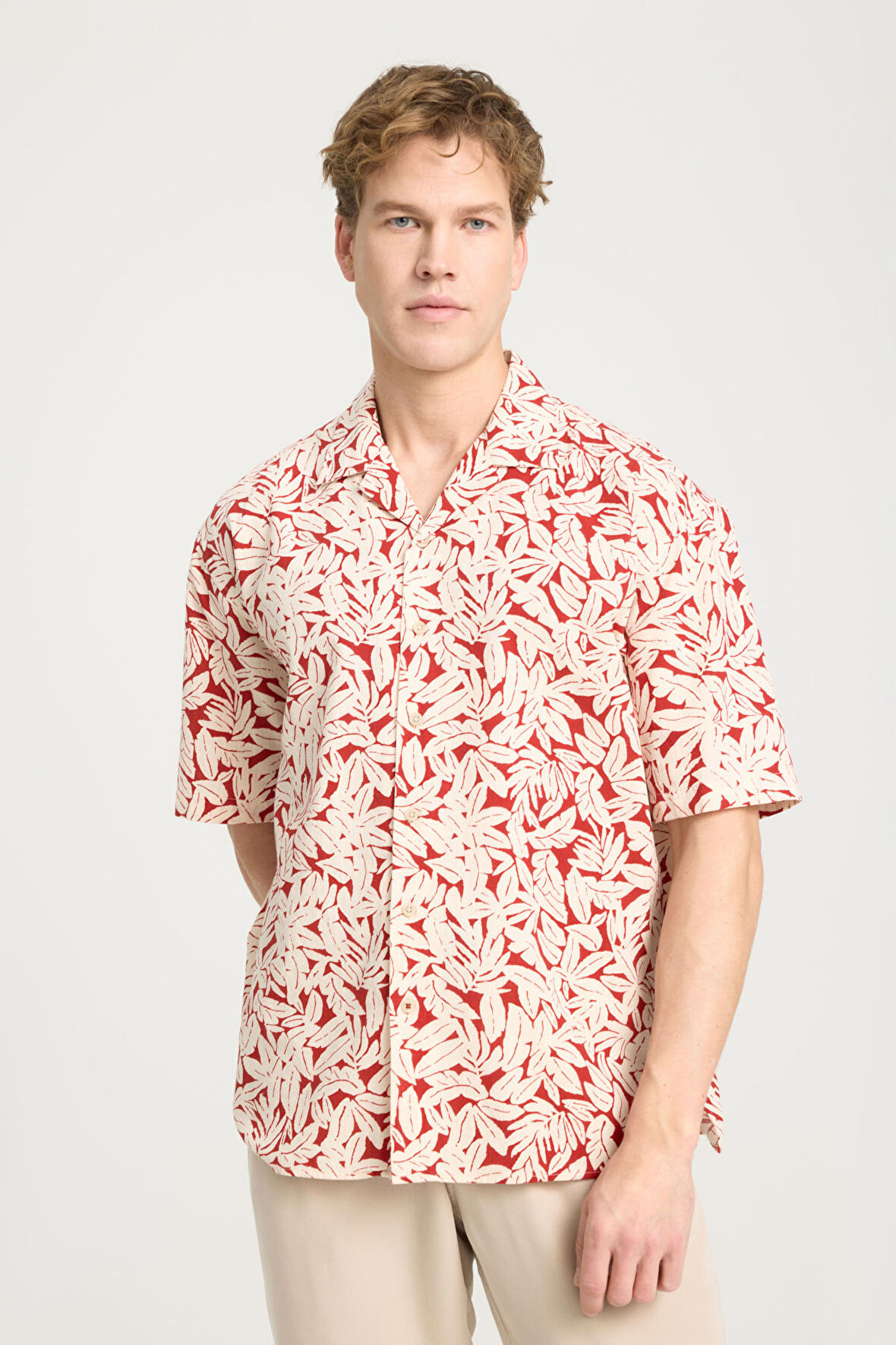 Relaxed Fit Geniş Kesim Kısa Kollu %100 Pamuk Çok Renkli Kırmızı Gömlek