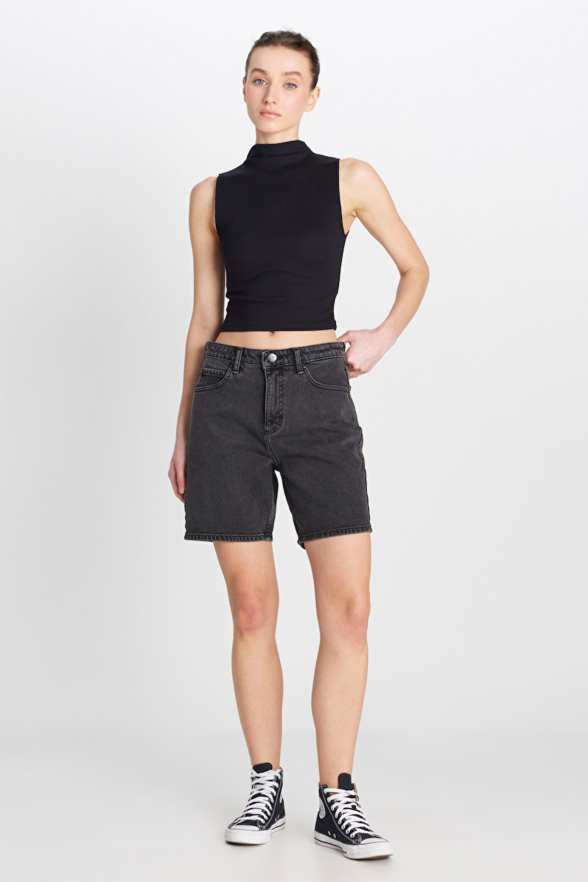 Slim Fit Dar Kesim Normal Bel Bermuda Antrasit Jean Kot Şort