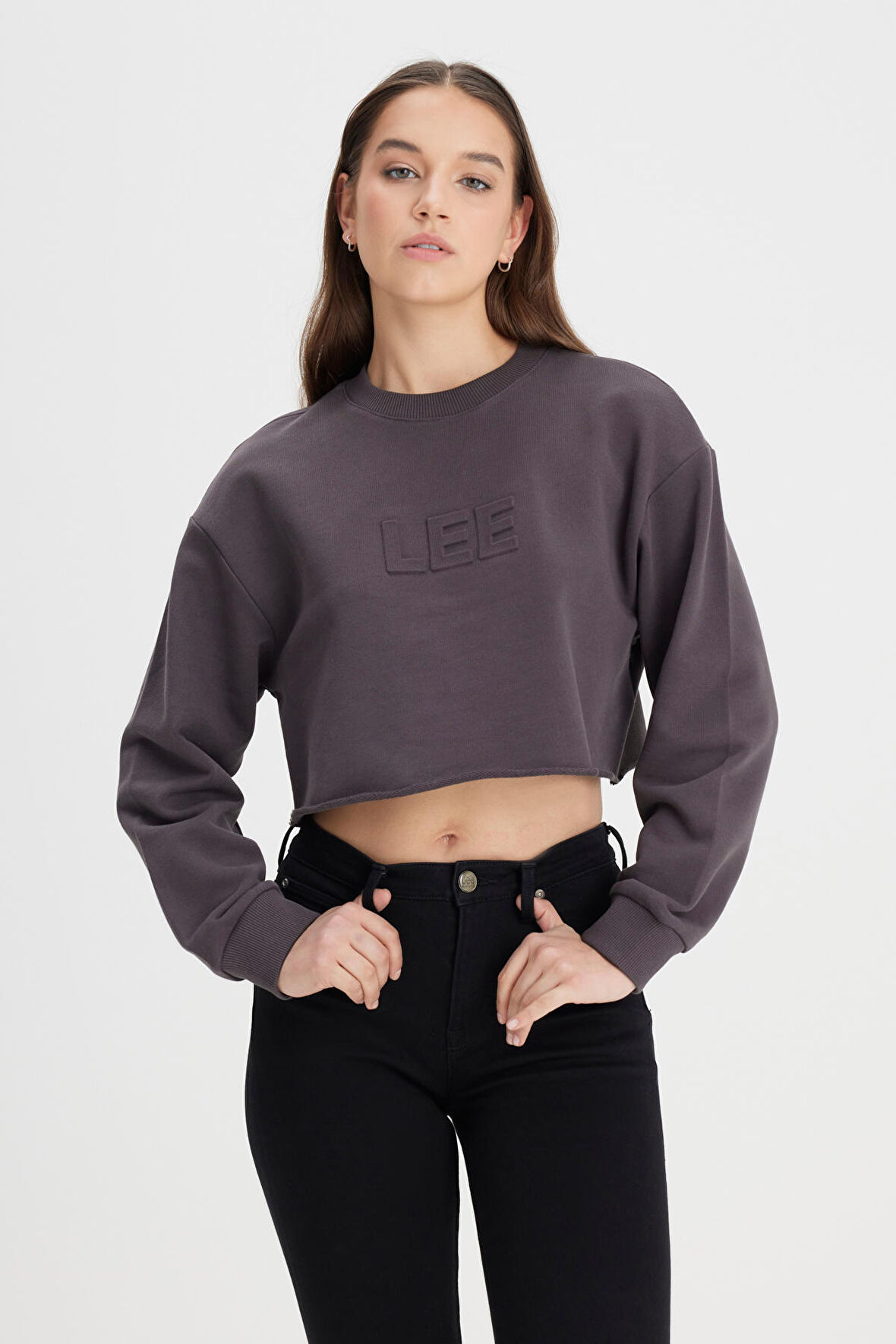 Bisiklet Yaka %100 Pamuk Siyah Crop Sweatshirt